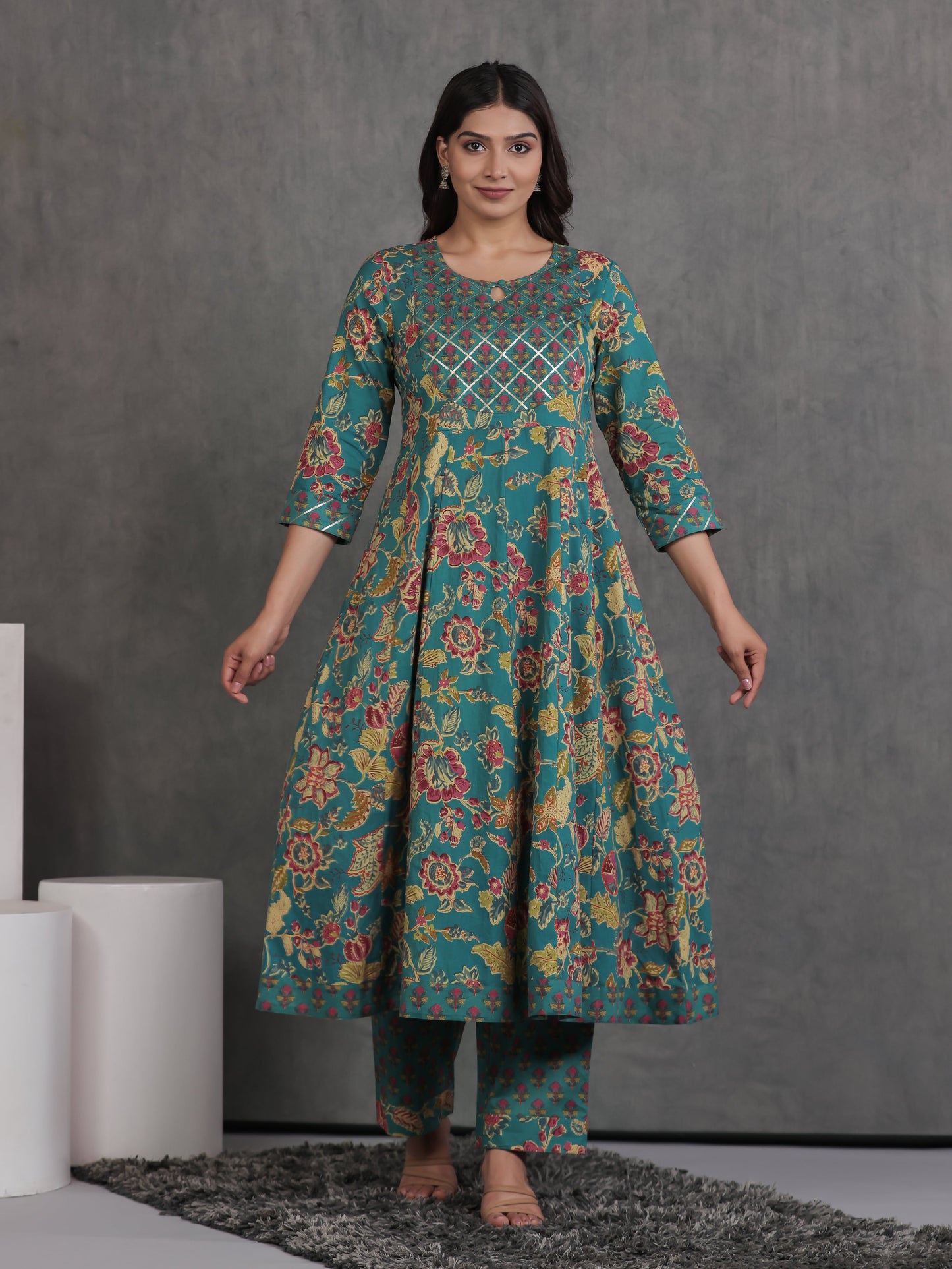 Embroidered Soft Cotton Floral Anarkali Green Kurta