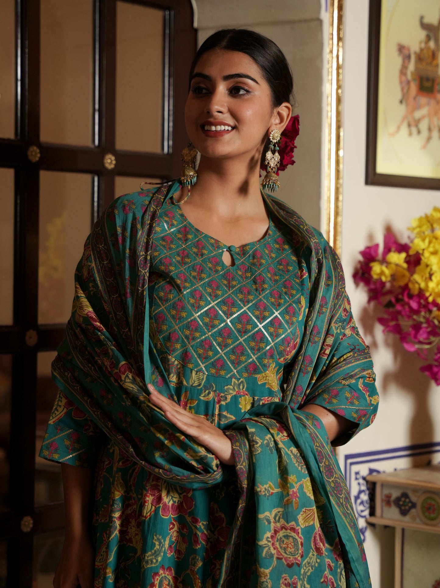 Embroidered Soft Cotton Floral Anarkali Green Kurta
