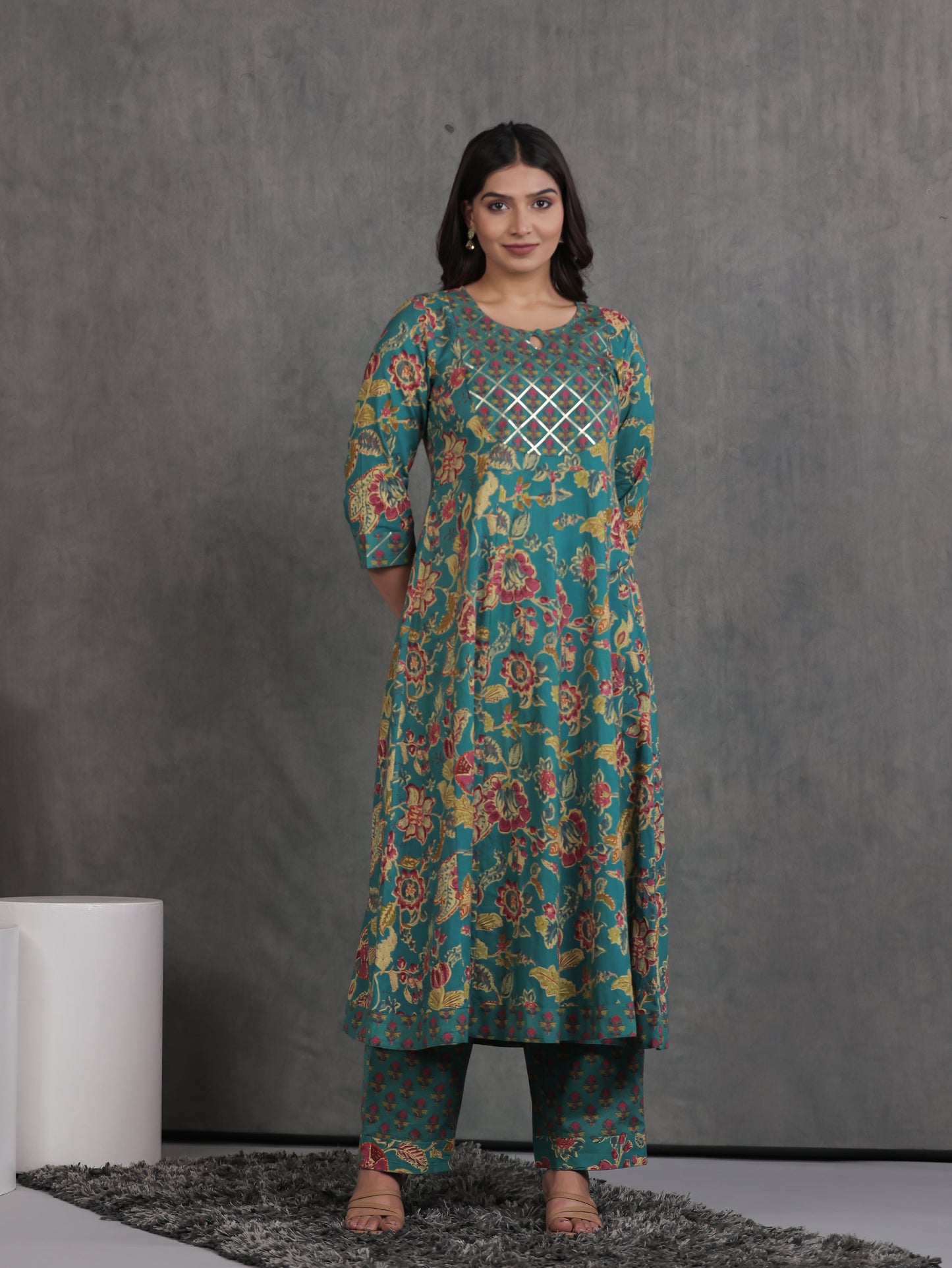 Embroidered Soft Cotton Floral Anarkali Green Kurta