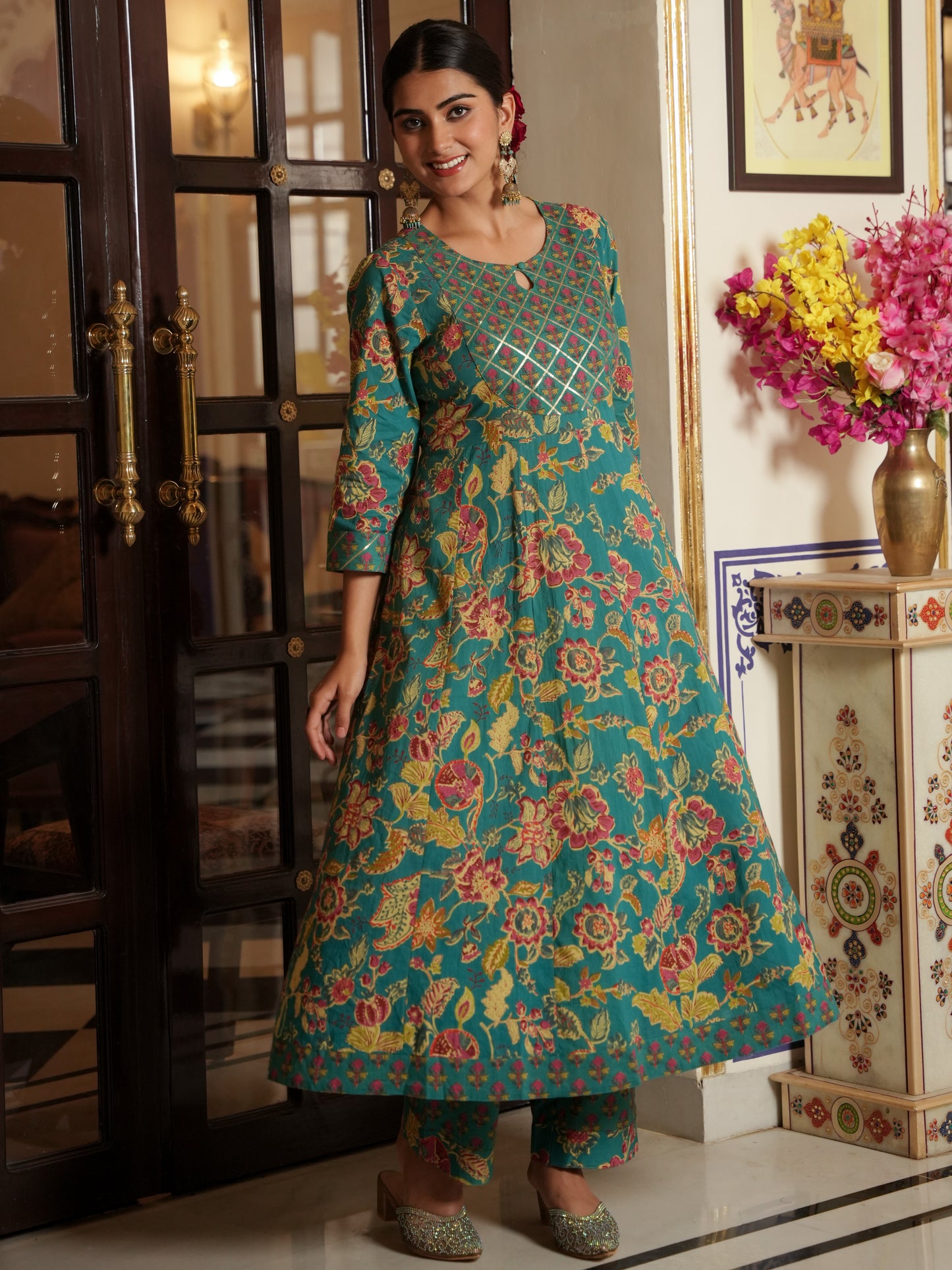 Embroidered Soft Cotton Floral Anarkali Green Kurta
