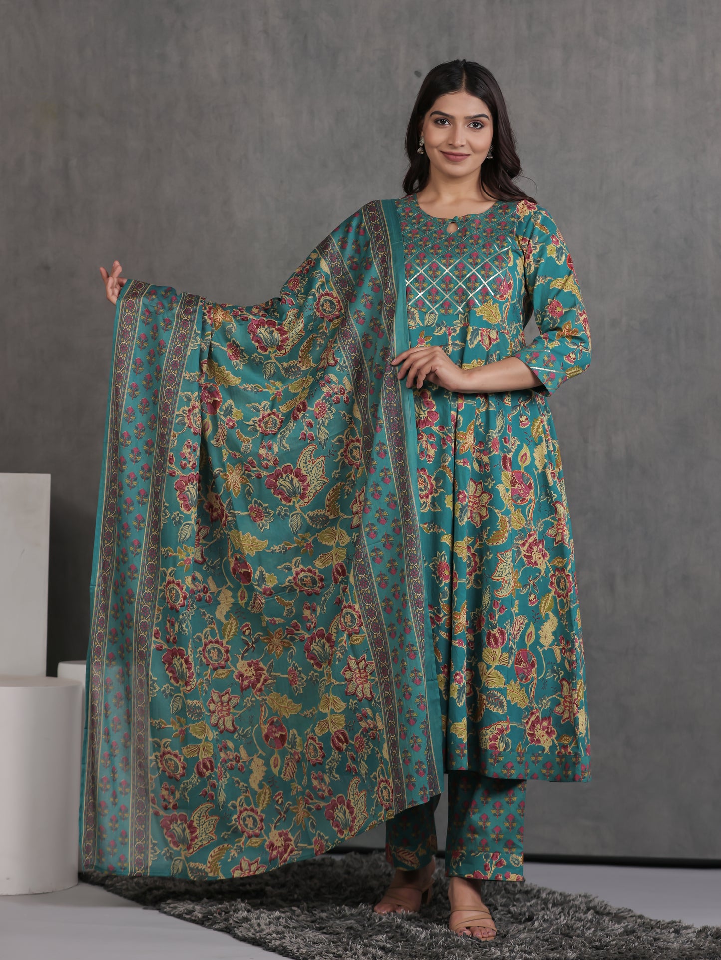 Embroidered Soft Cotton Floral Anarkali Green Kurta