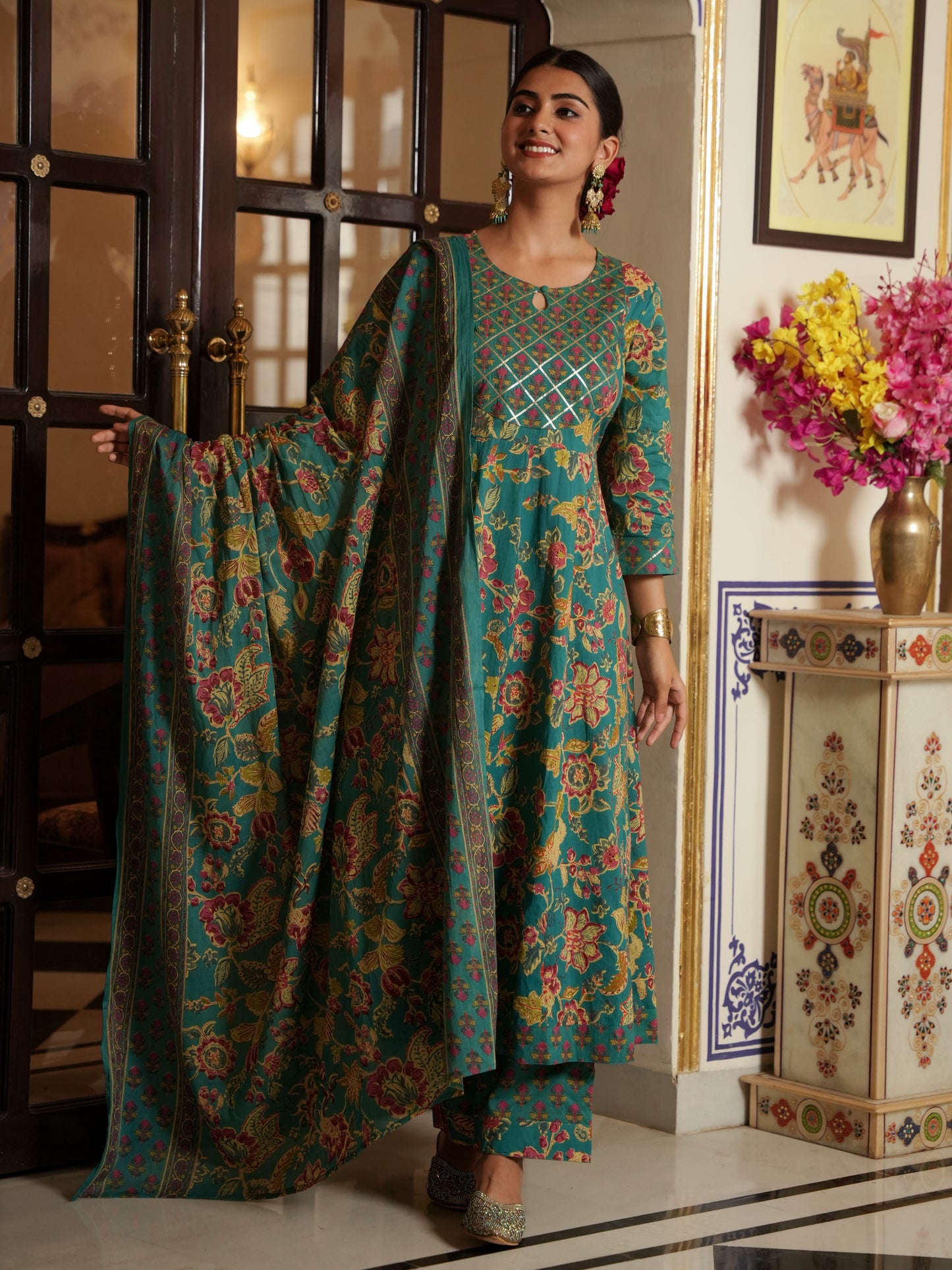Embroidered Soft Cotton Floral Anarkali Green Kurta