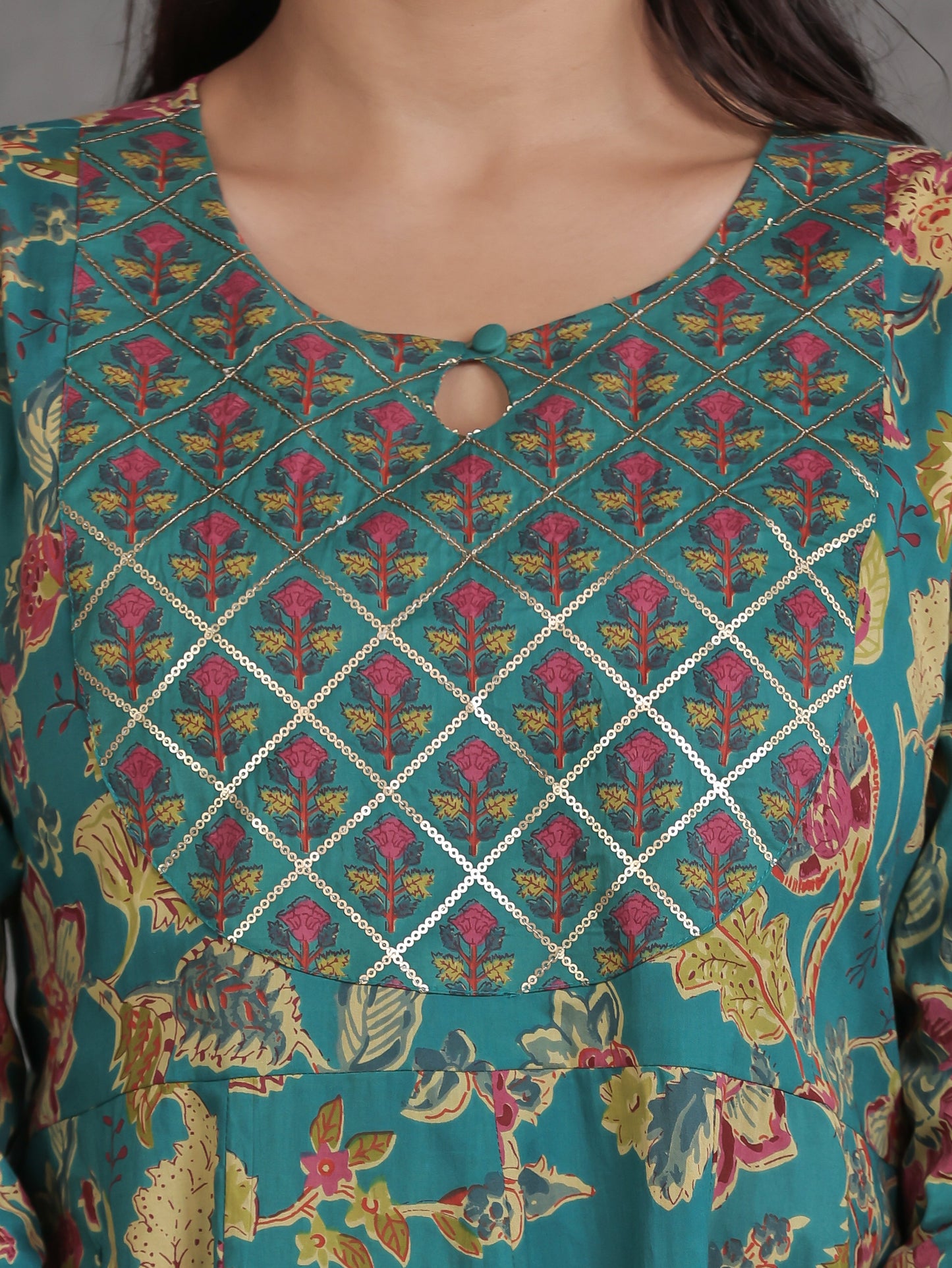 Embroidered Soft Cotton Floral Anarkali Green Kurta