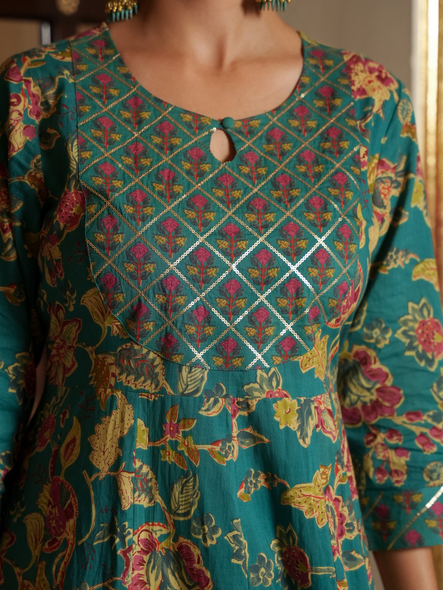 Embroidered Soft Cotton Floral Anarkali Green Kurta