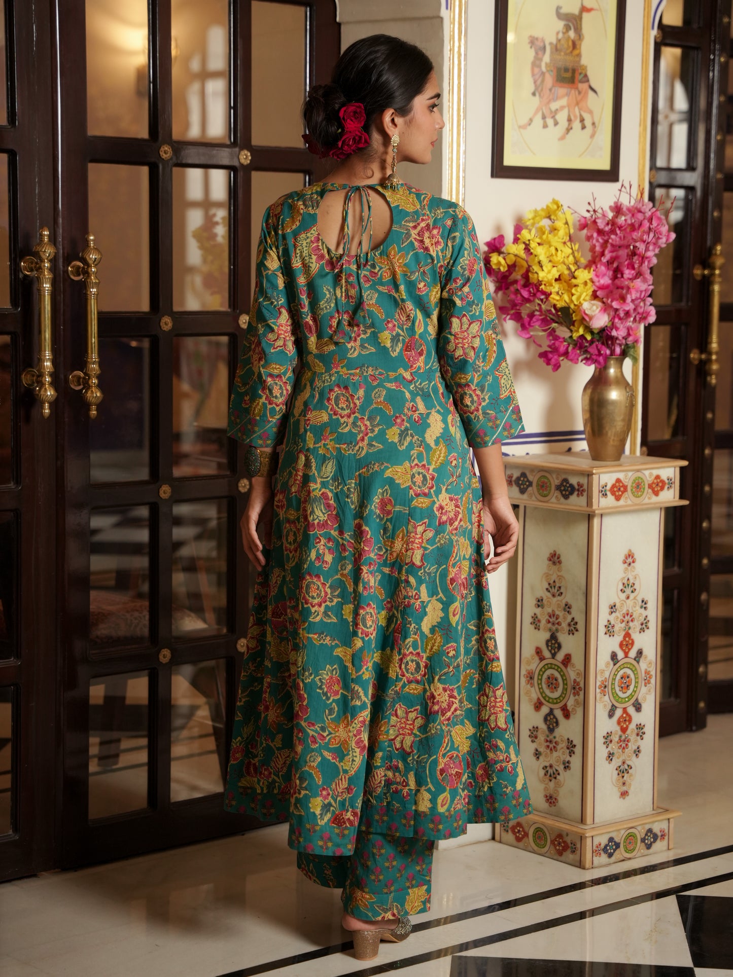 Embroidered Soft Cotton Floral Anarkali Green Kurta