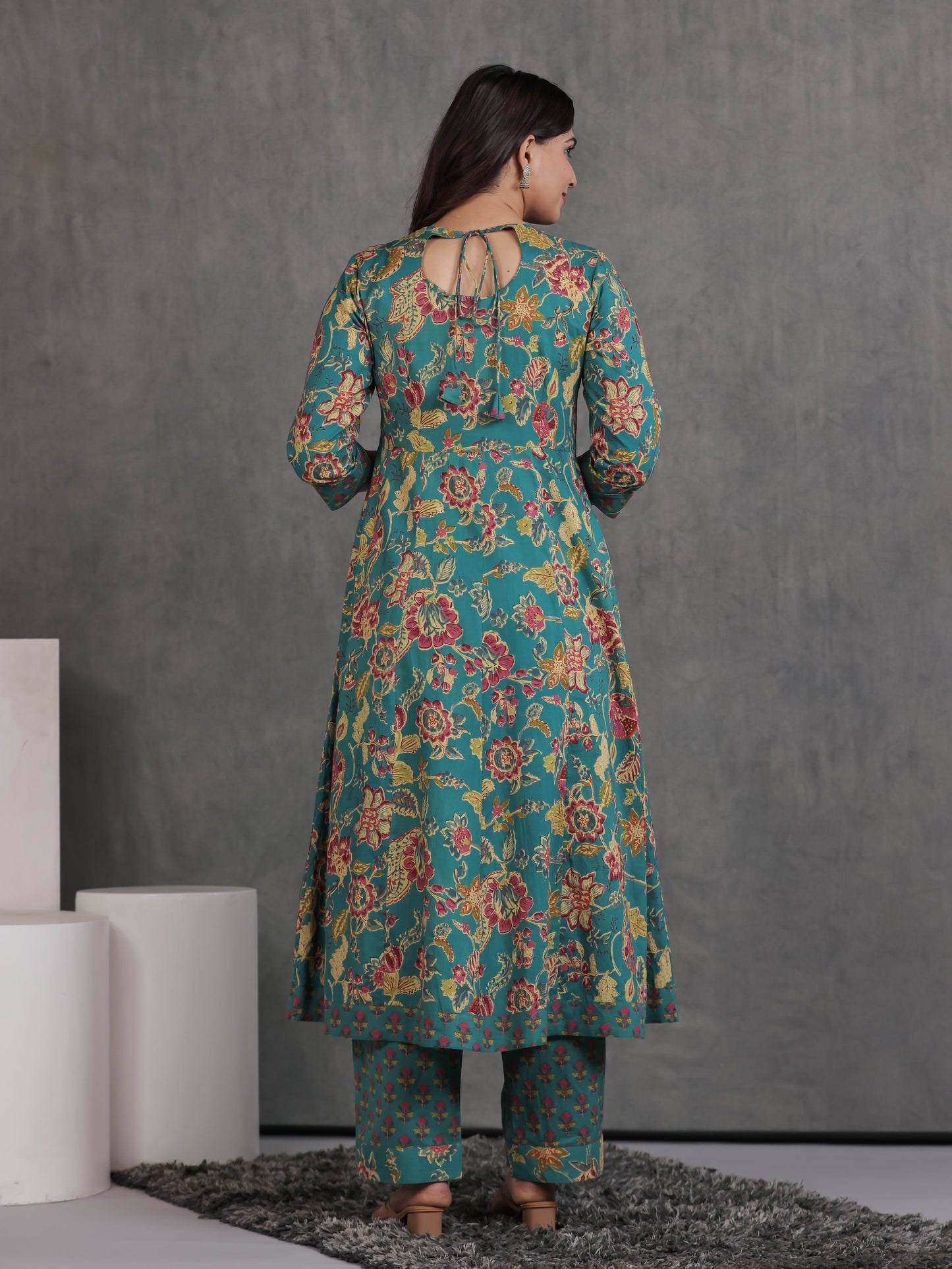 Embroidered Soft Cotton Floral Anarkali Green Kurta