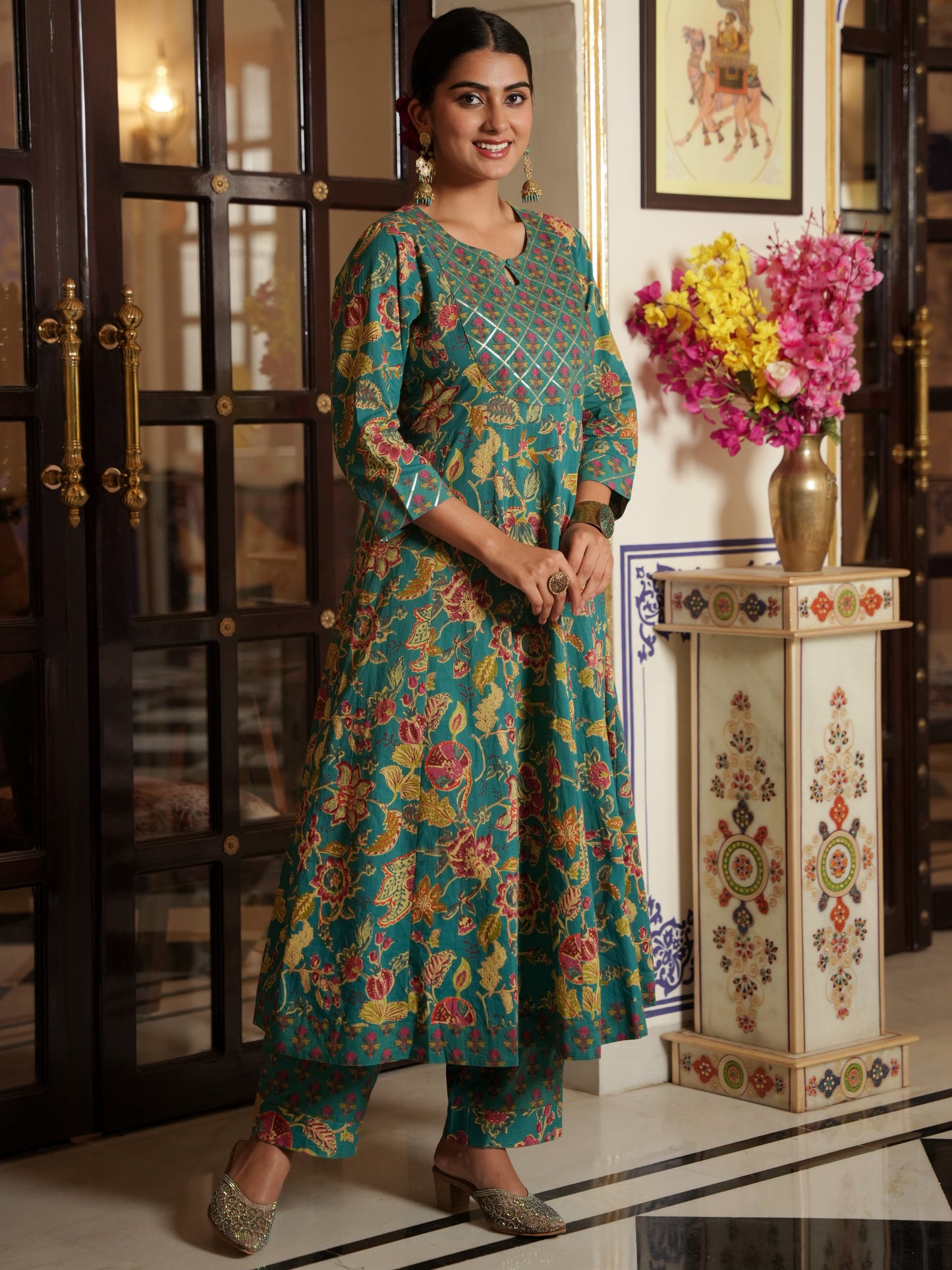 Embroidered Soft Cotton Floral Anarkali Green Kurta