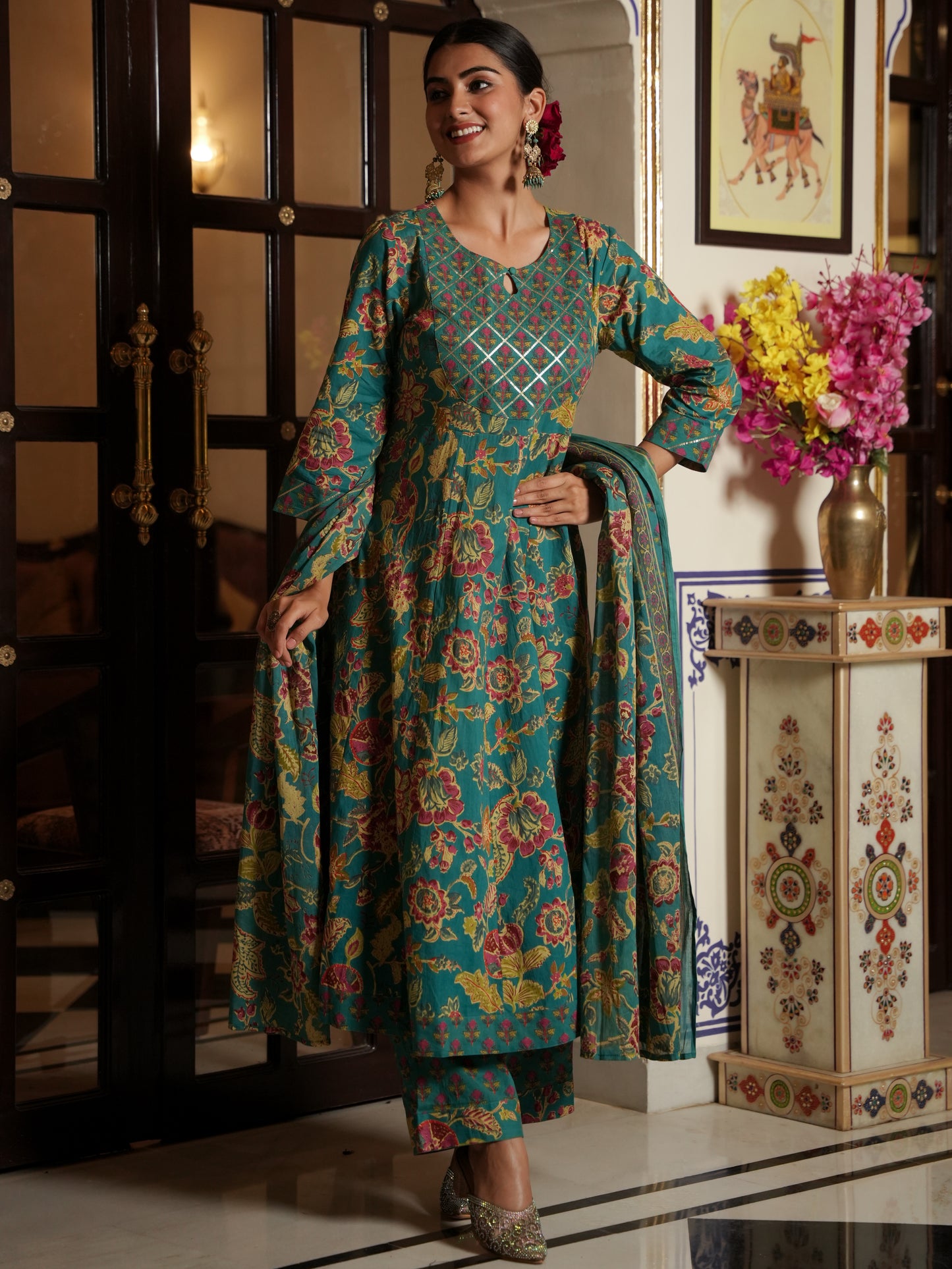Embroidered Soft Cotton Floral Anarkali Green Kurta