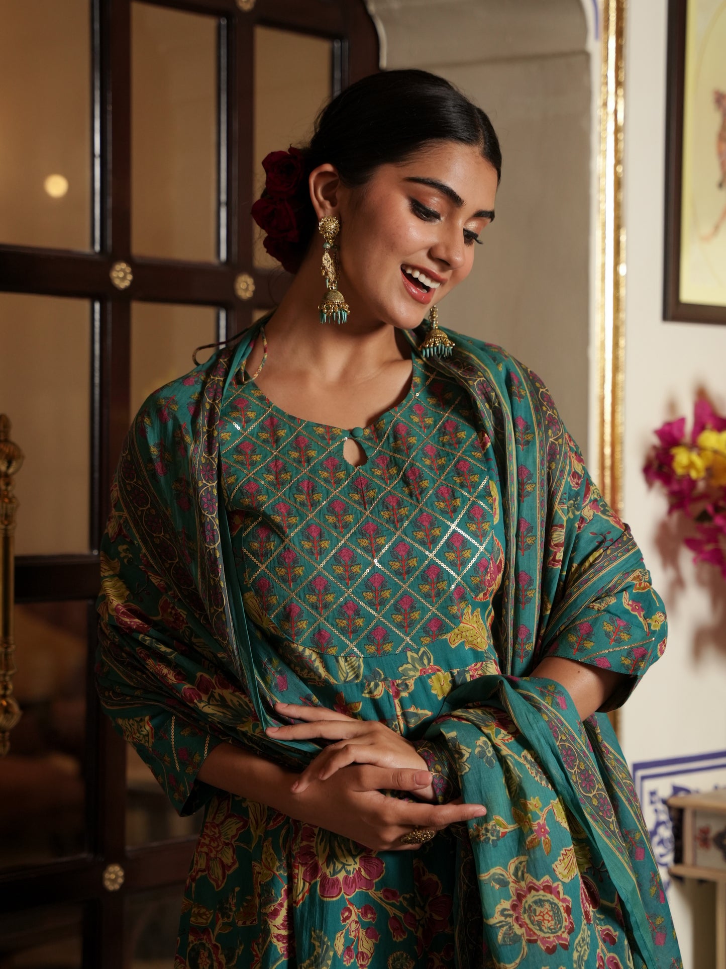 Embroidered Soft Cotton Floral Anarkali Green Kurta