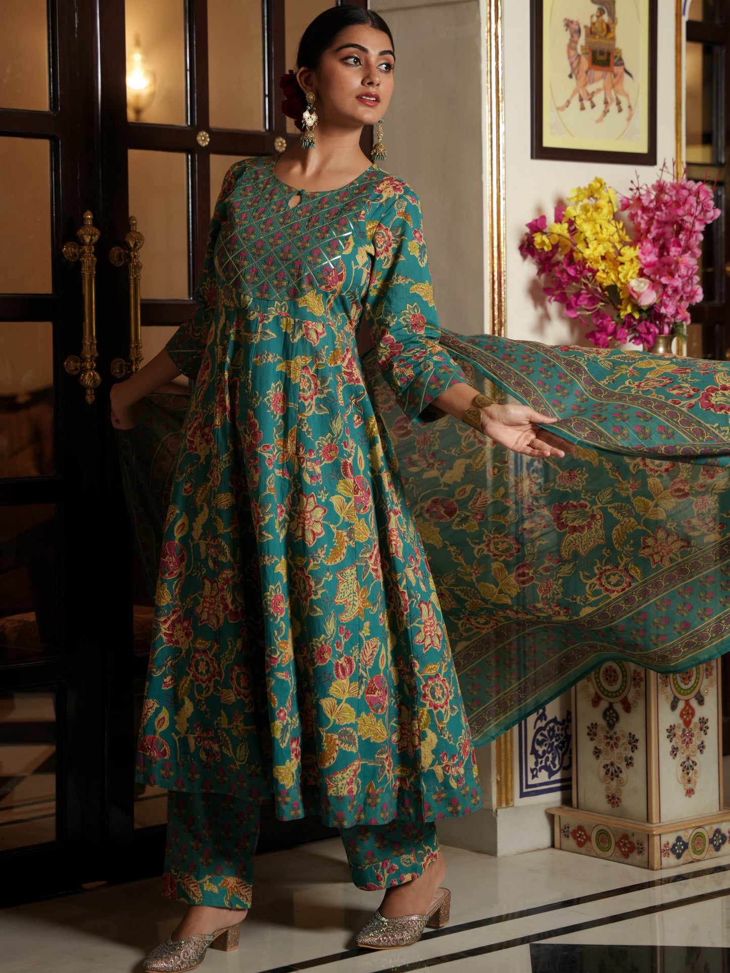 Embroidered Soft Cotton Floral Anarkali Green Kurta