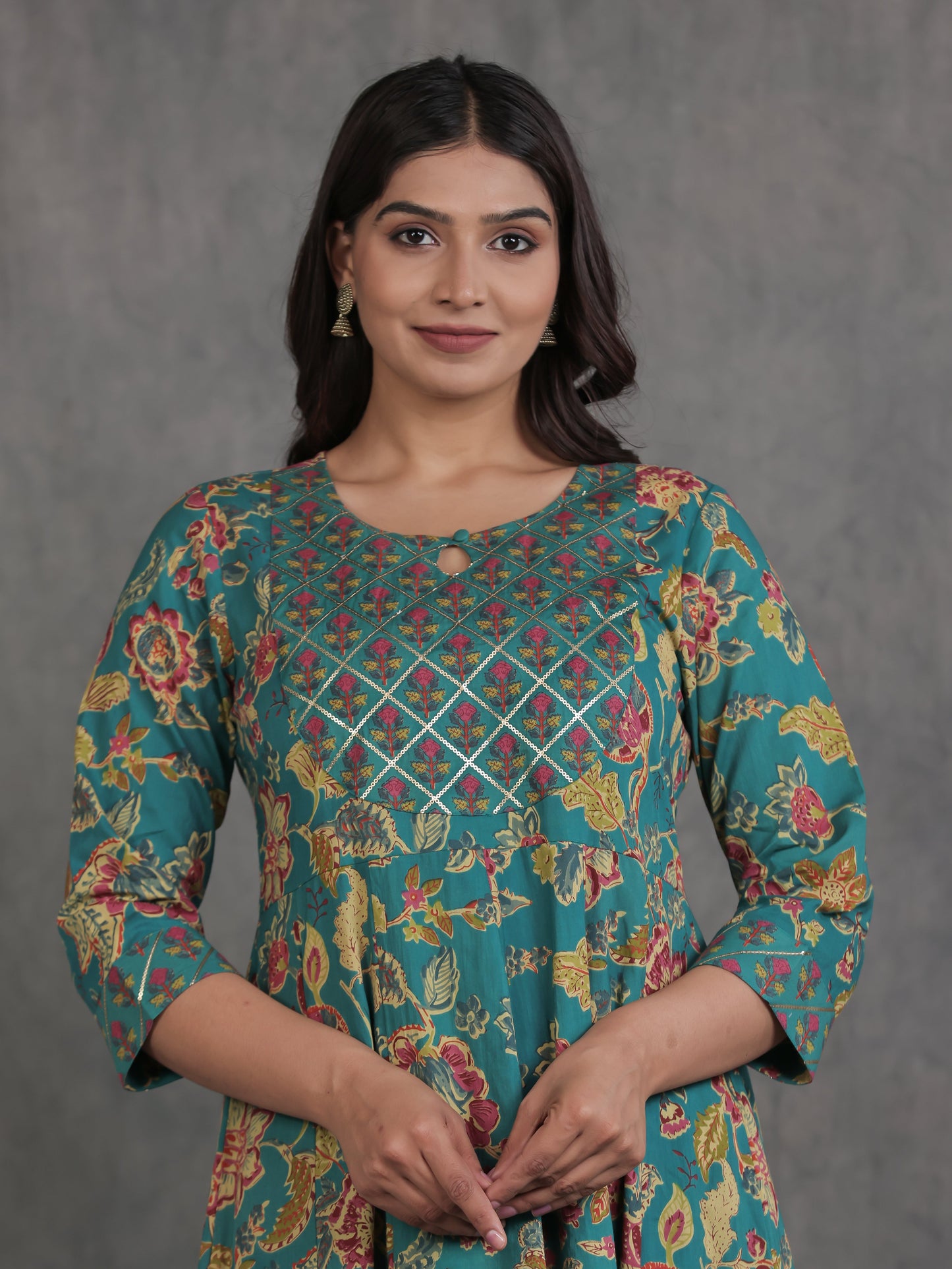Embroidered Soft Cotton Floral Anarkali Green Kurta