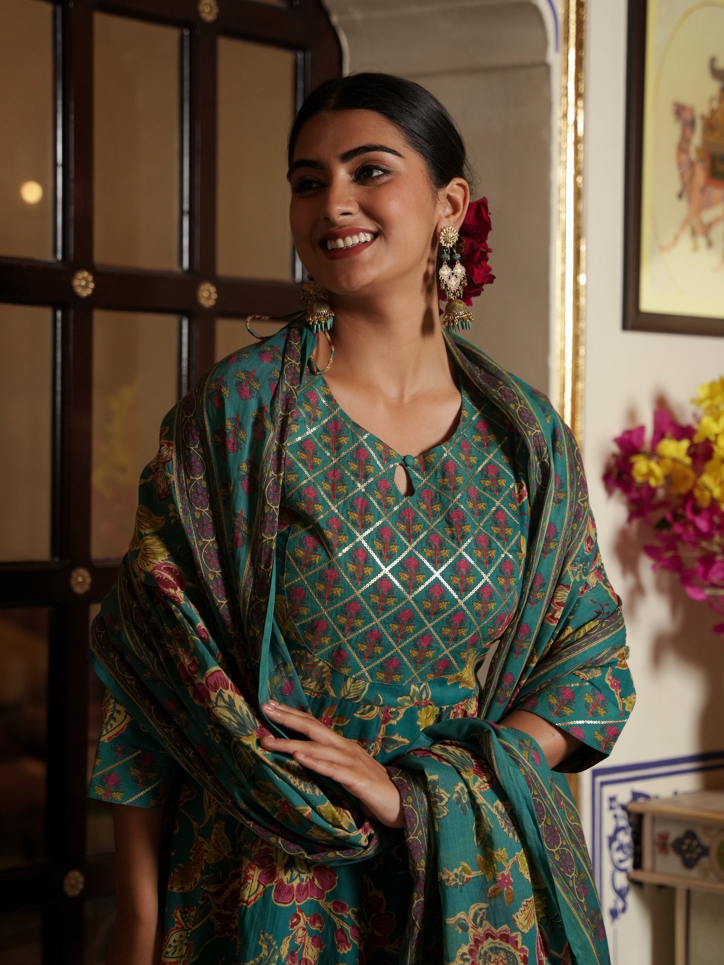 Embroidered Soft Cotton Floral Anarkali Green Kurta