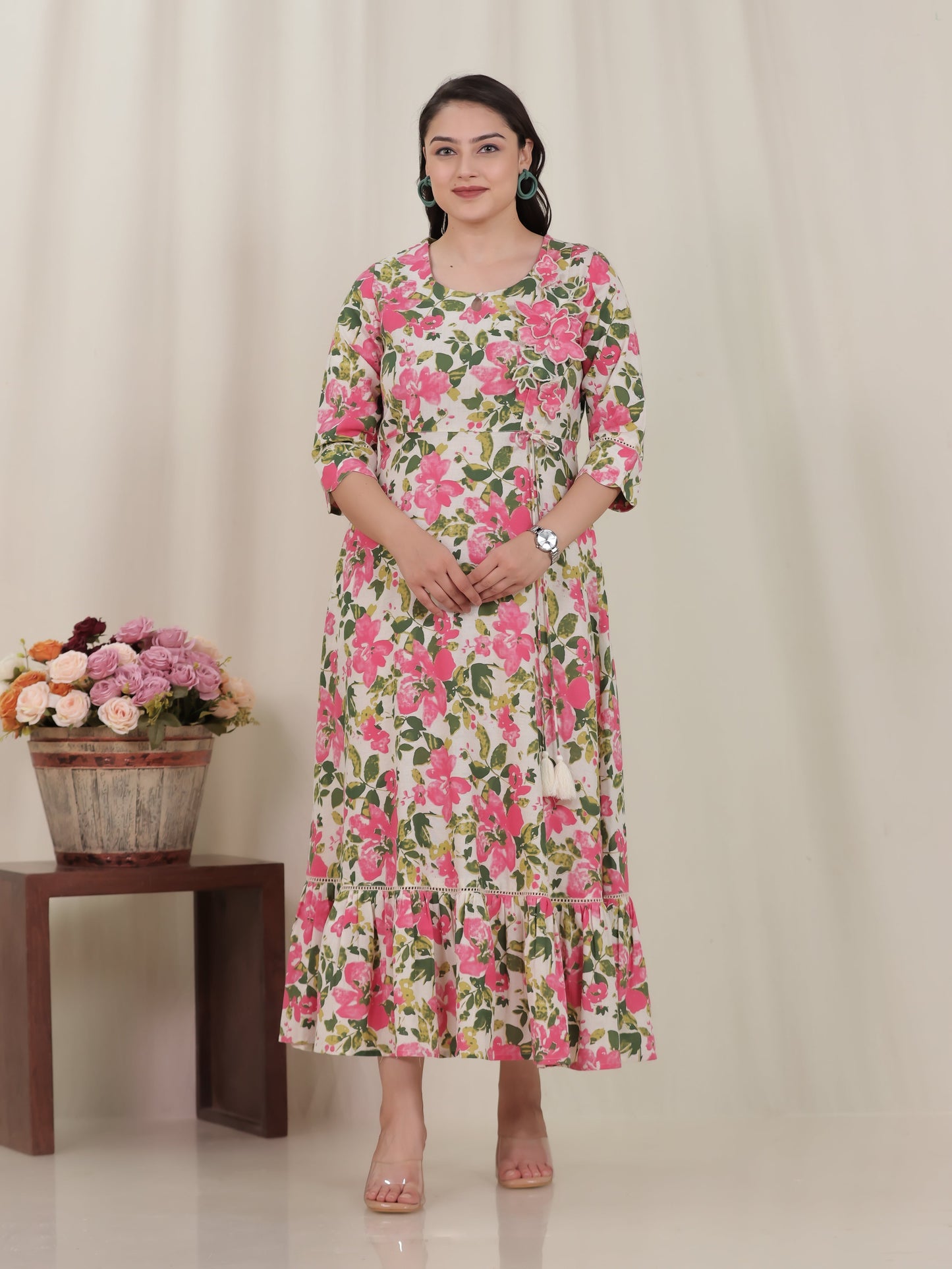 Embroidered Linen Cotton Floral Tiered Off White Dress