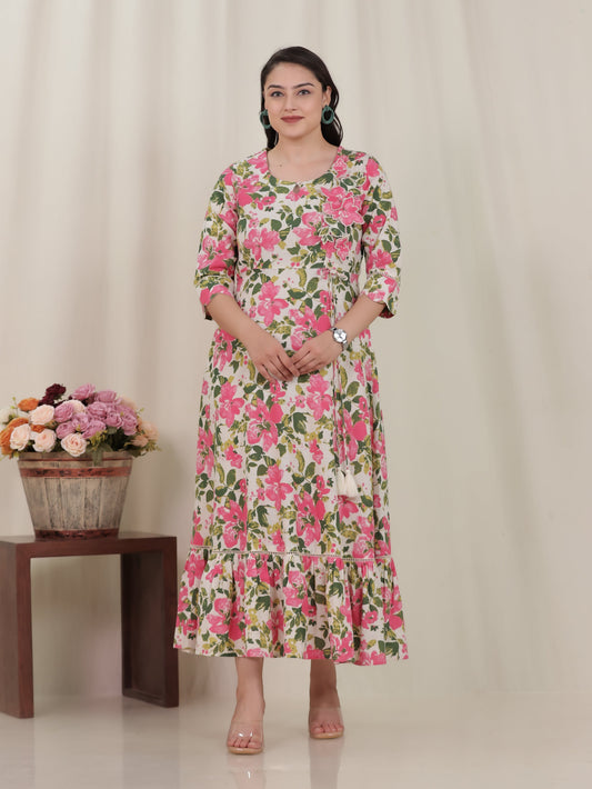 Embroidered Linen Cotton Floral Tiered Off White Dress