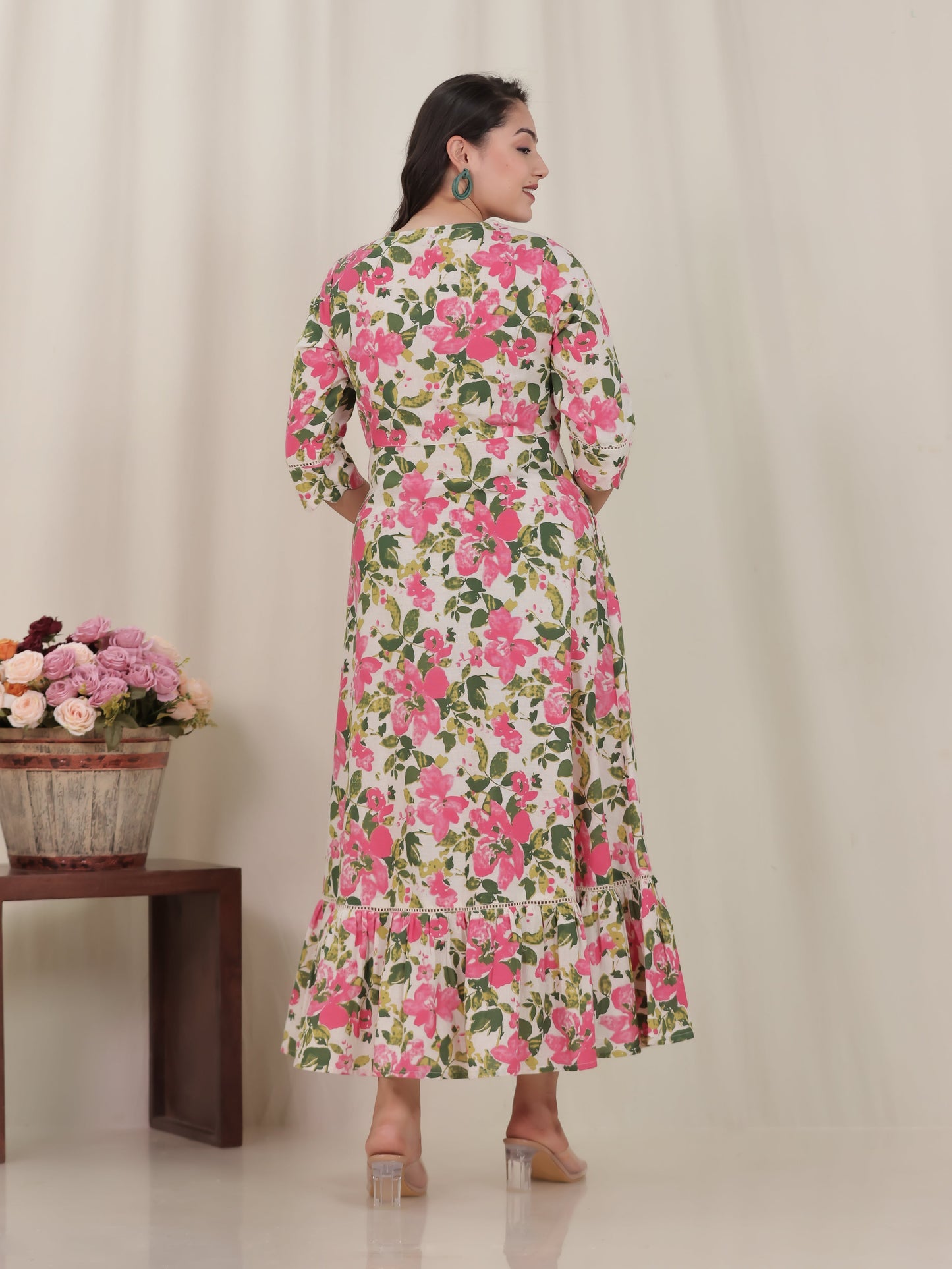 Embroidered Linen Cotton Floral Tiered Off White Dress