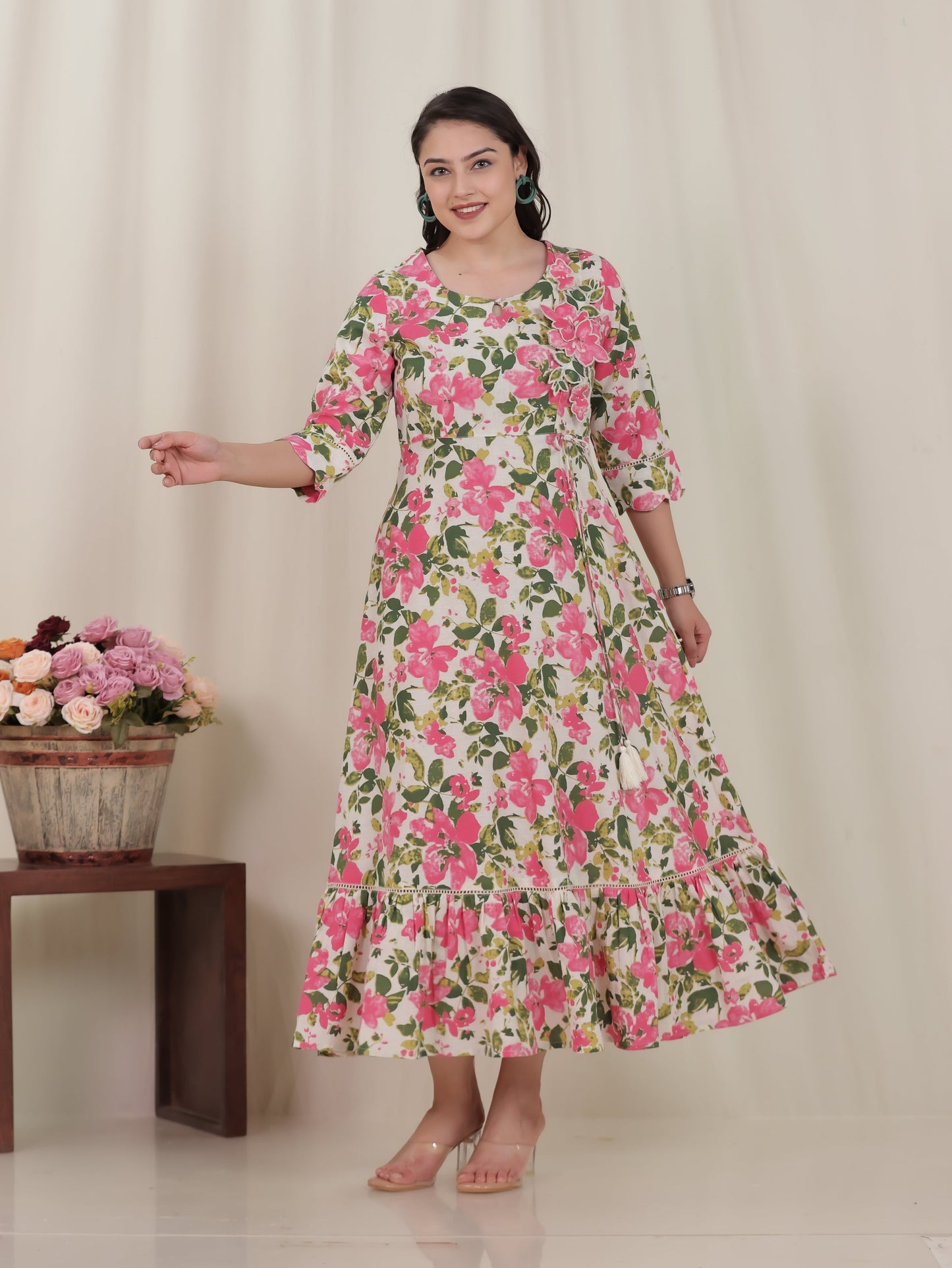 Embroidered Linen Cotton Floral Tiered Off White Dress