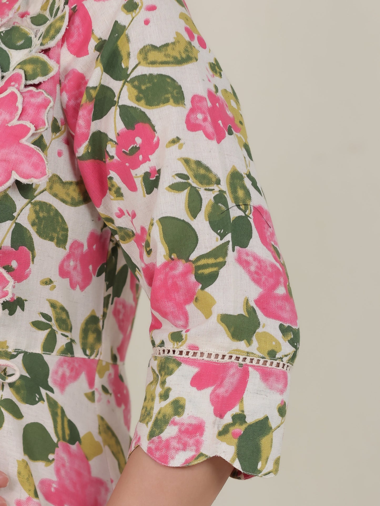 Embroidered Linen Cotton Floral Tiered Off White Dress