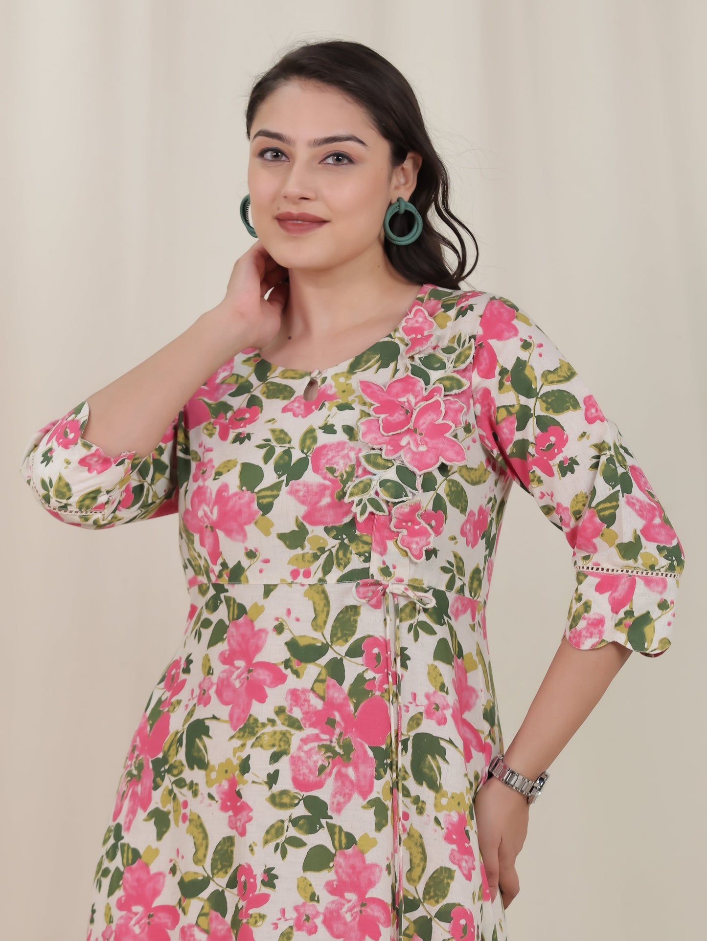 Embroidered Linen Cotton Floral Tiered Off White Dress