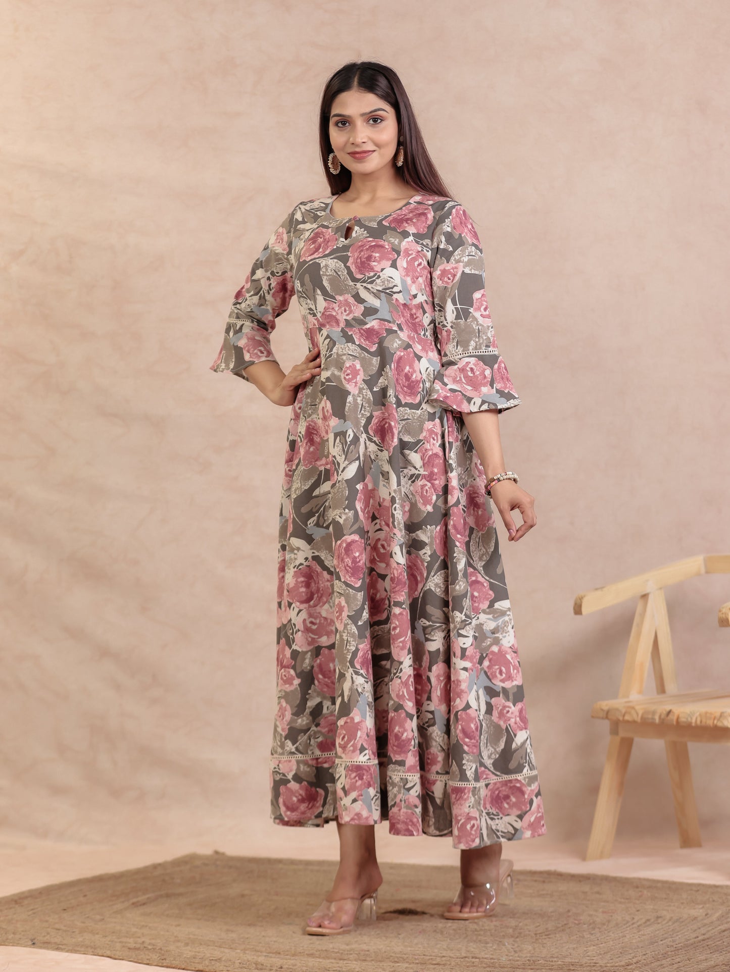 Linen Cotton Floral Anarkali Off White Dress