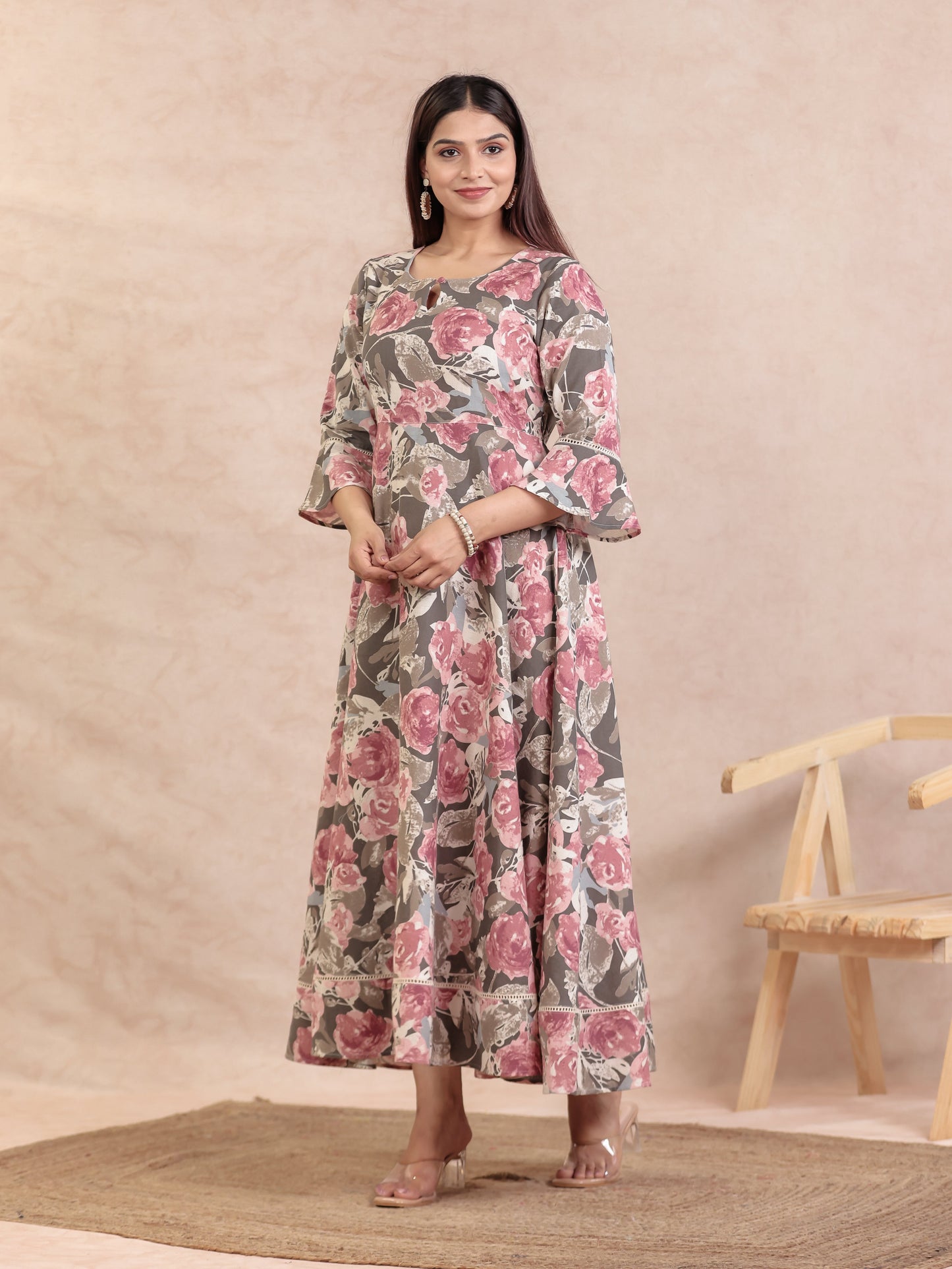 Linen Cotton Floral Anarkali Off White Dress