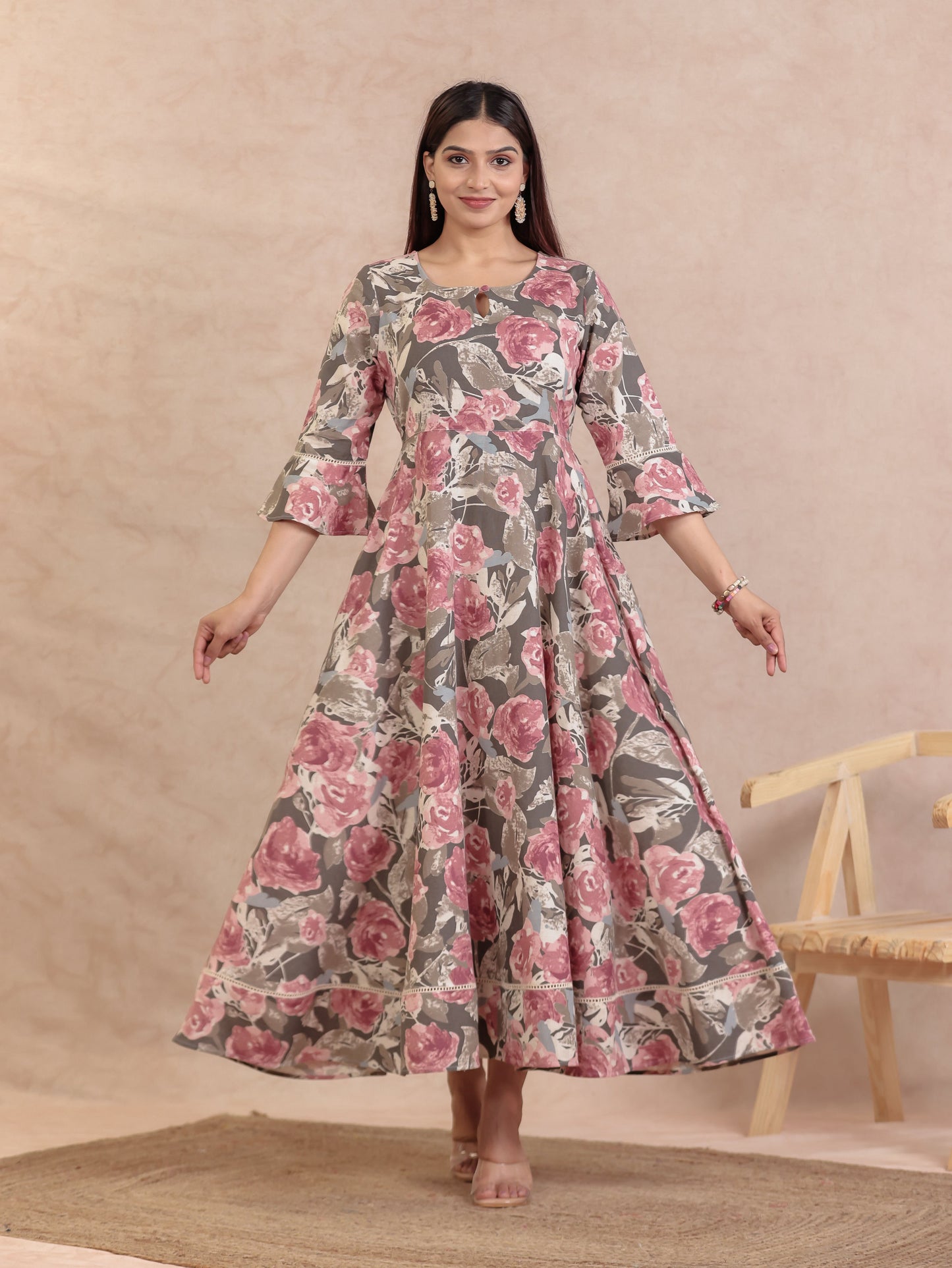 Linen Cotton Floral Anarkali Off White Dress