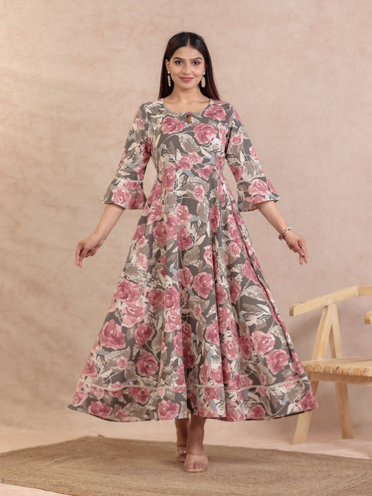 Linen Cotton Floral Anarkali Off White Dress