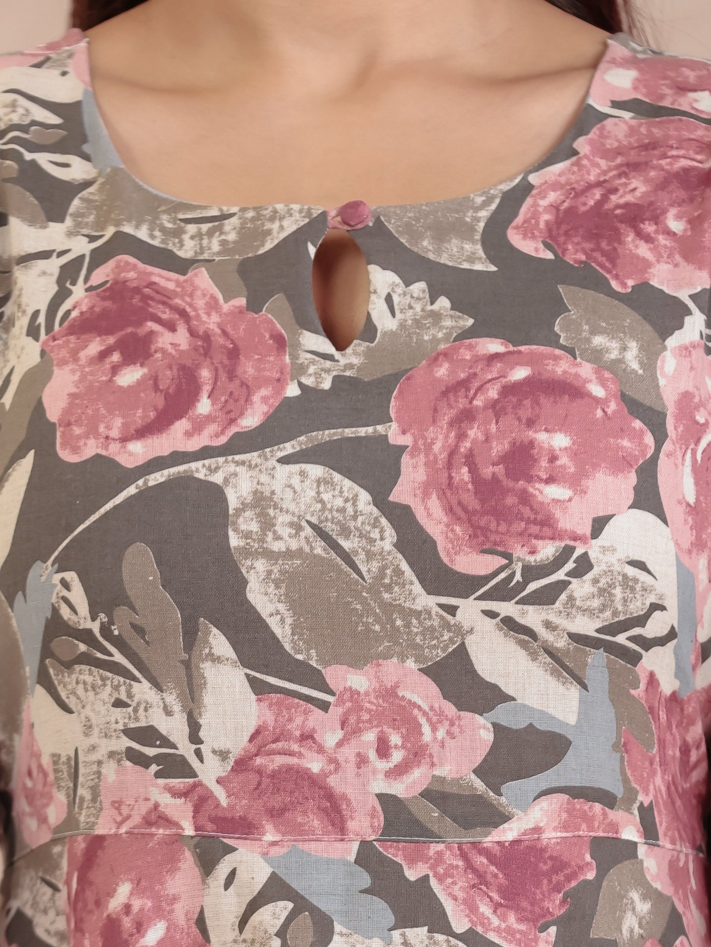 Linen Cotton Floral Anarkali Off White Dress