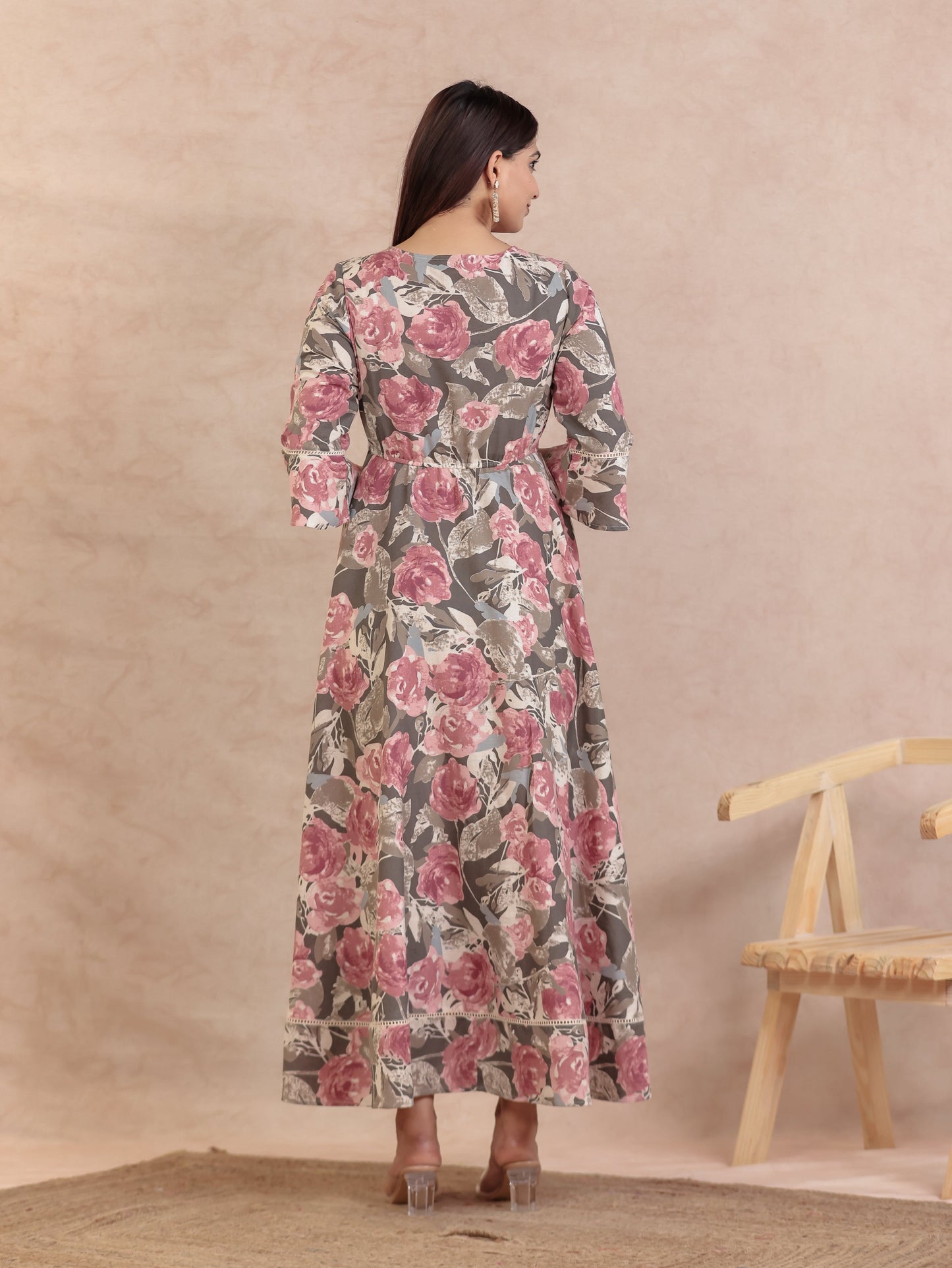 Linen Cotton Floral Anarkali Off White Dress