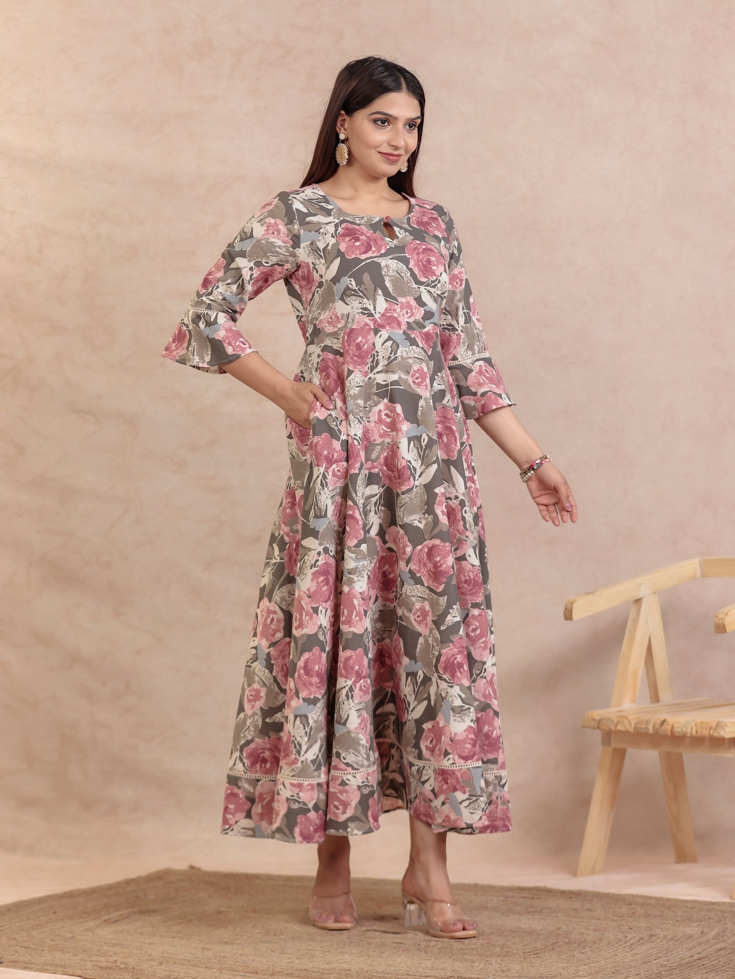 Linen Cotton Floral Anarkali Off White Dress