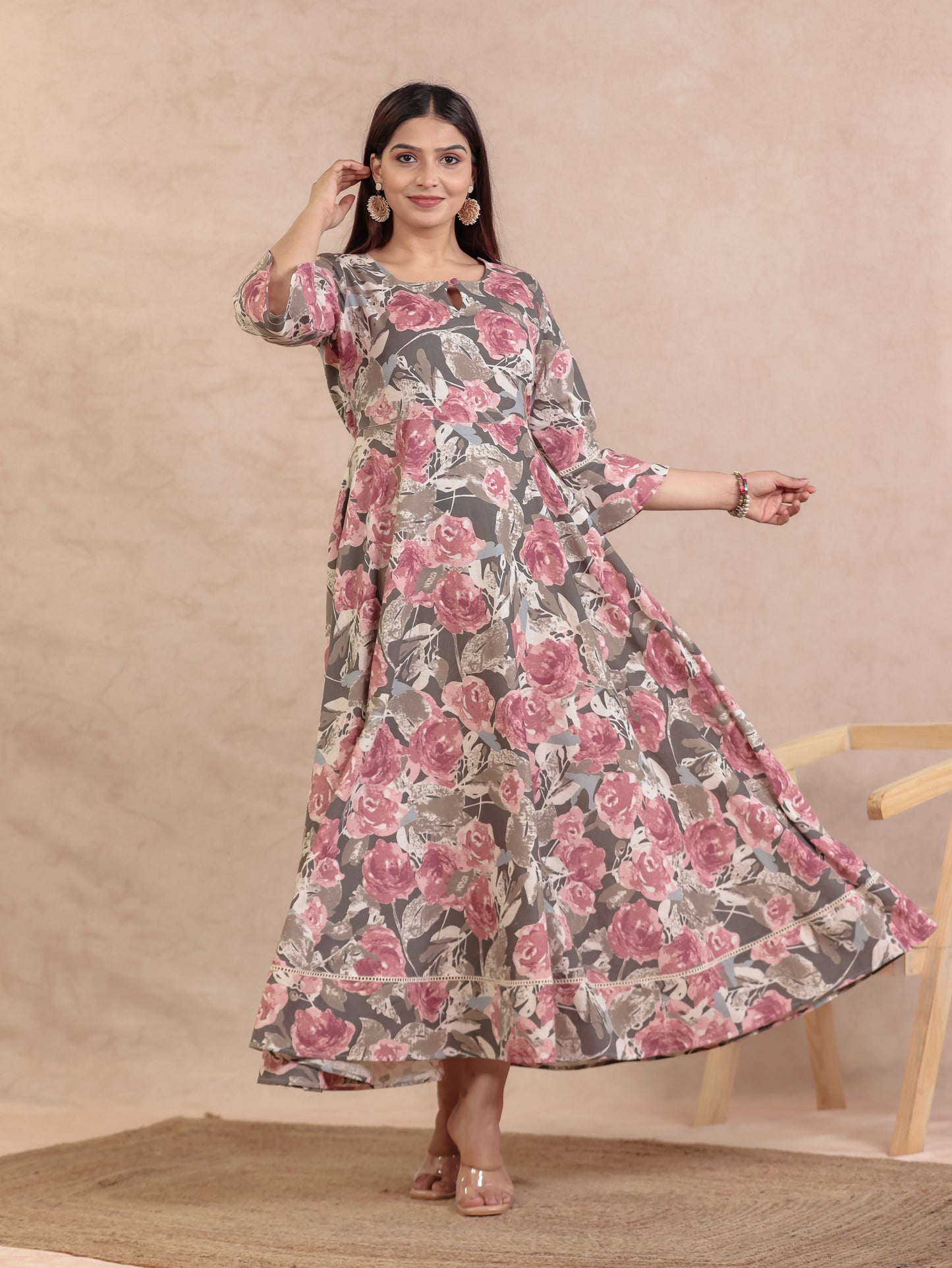 Linen Cotton Floral Anarkali Off White Dress