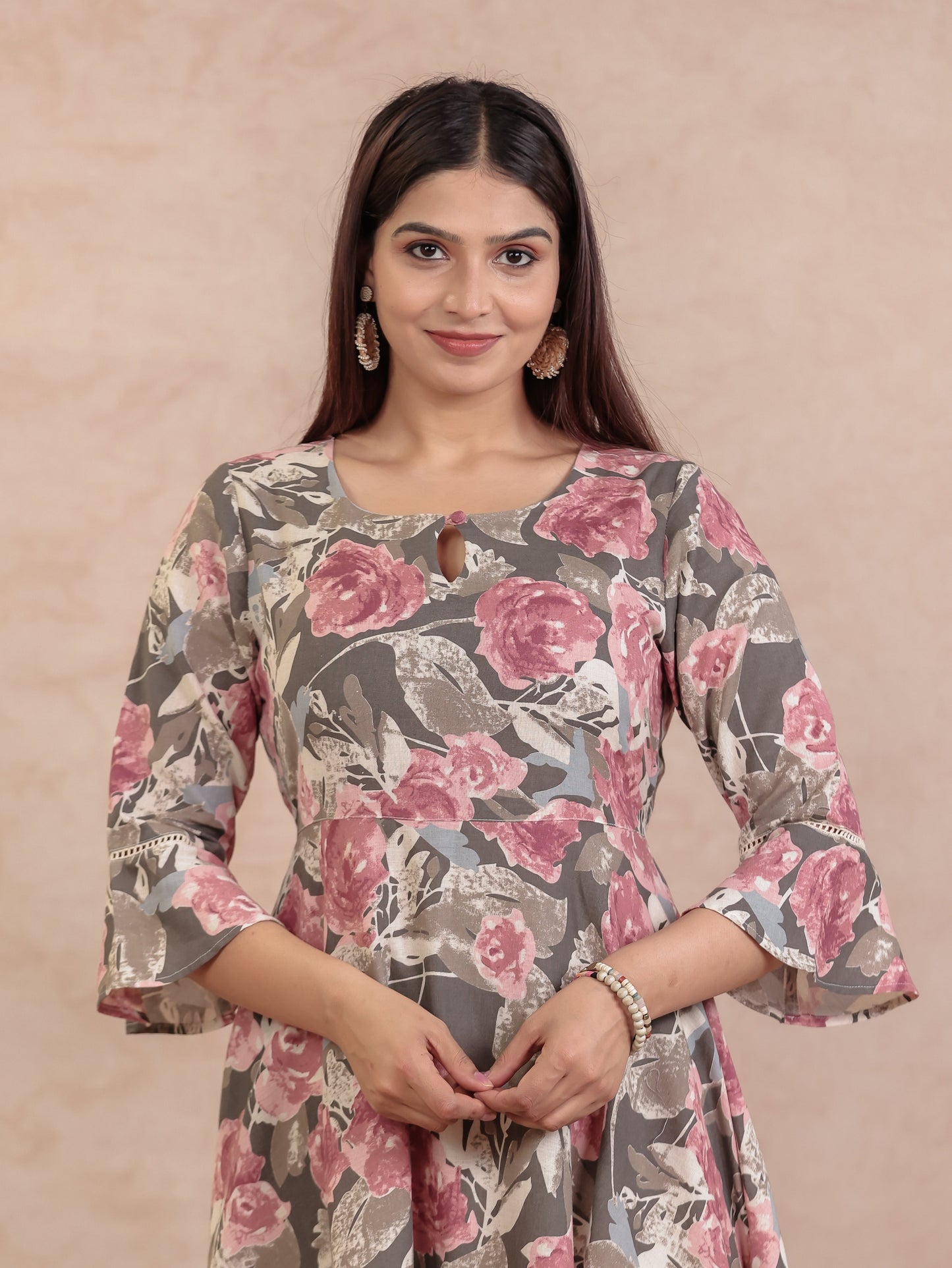 Linen Cotton Floral Anarkali Off White Dress