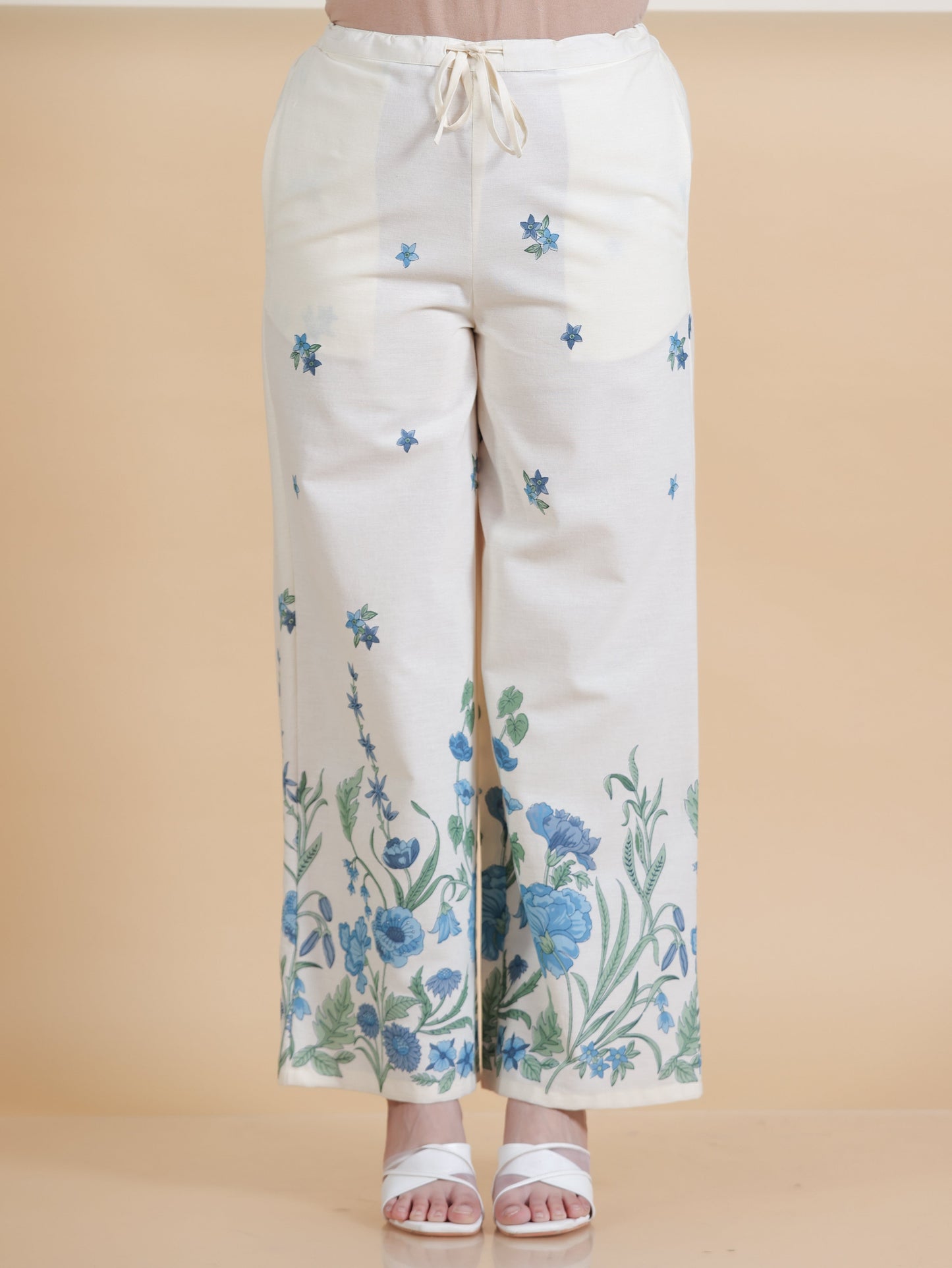 Linen Cotton Placement Print Off White Palazzo