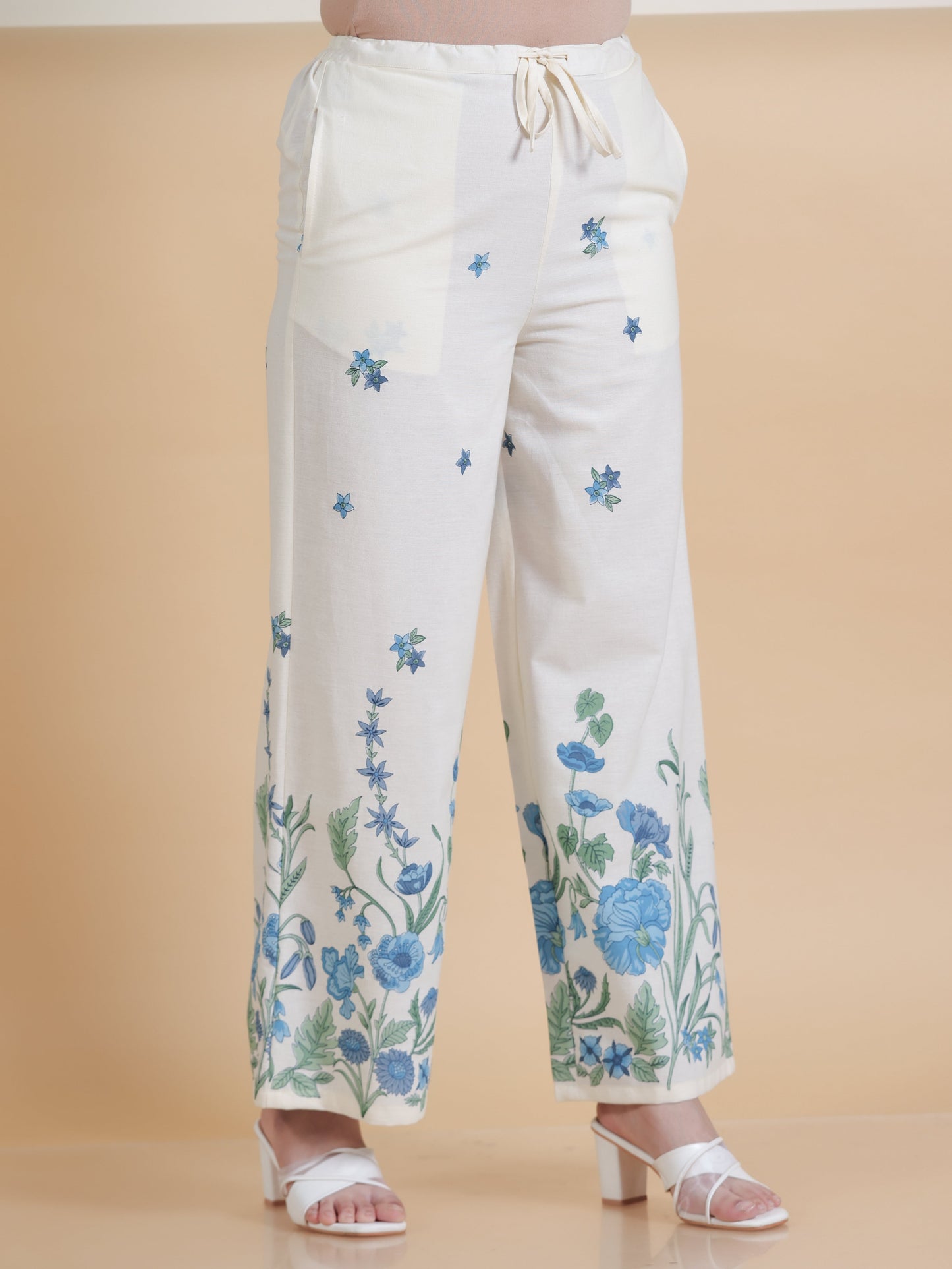 Linen Cotton Placement Print Off White Palazzo