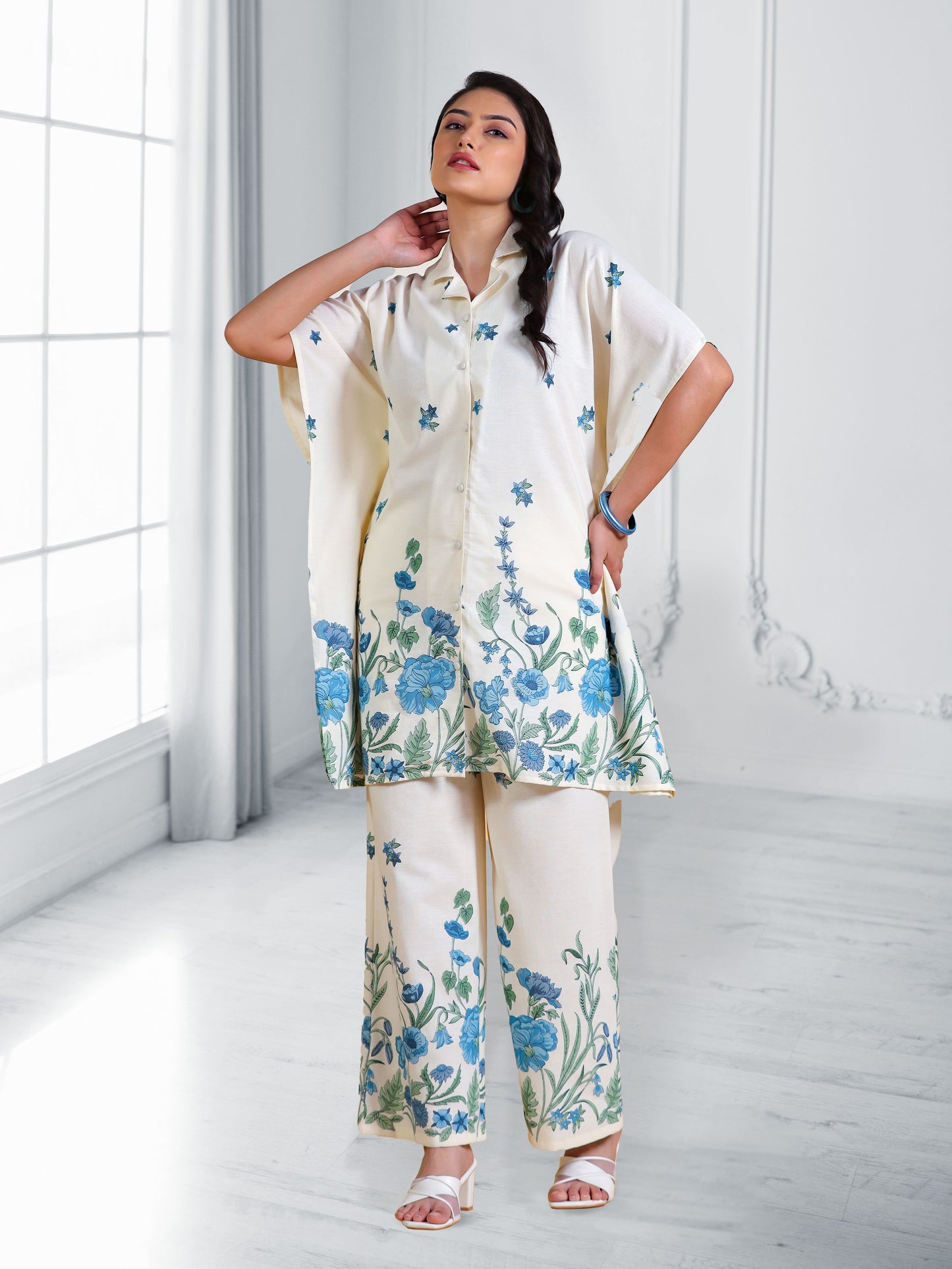 Linen Cotton Placement Print Kaftan Off White Kurta