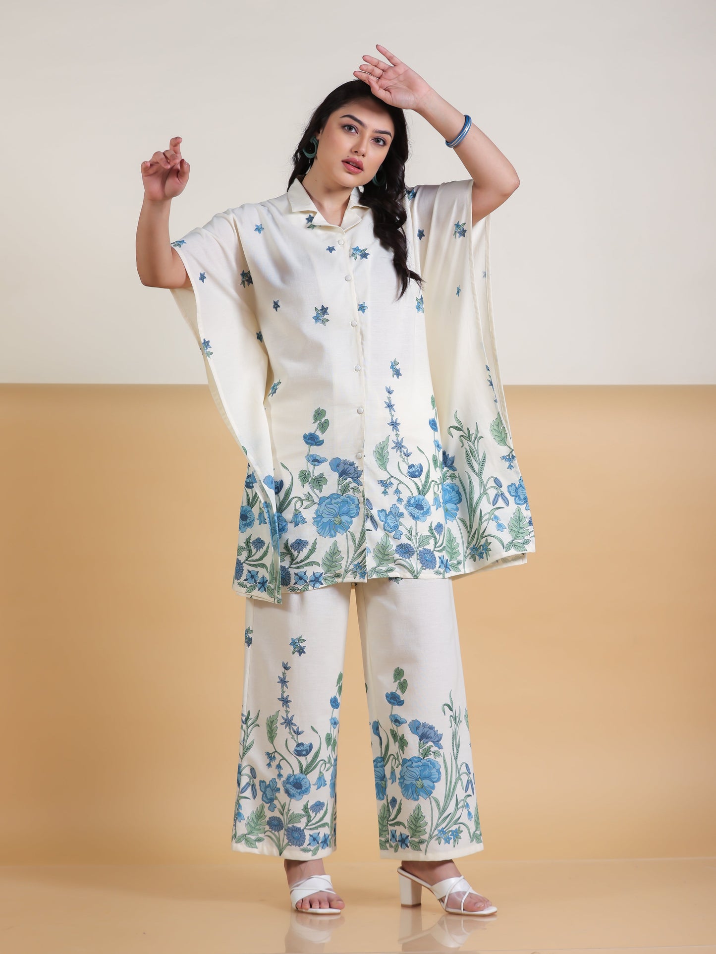 Linen Cotton Placement Print Kaftan Off White Kurta