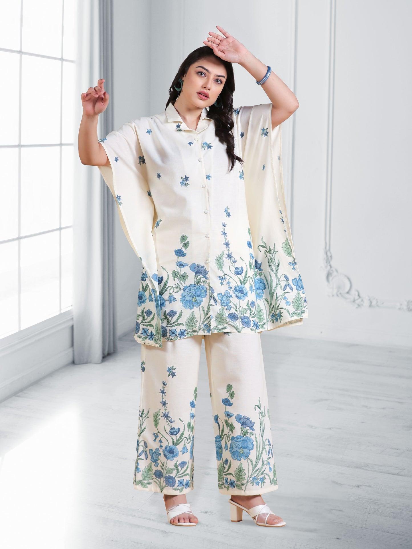 Linen Cotton Placement Print Kaftan Off White Kurta