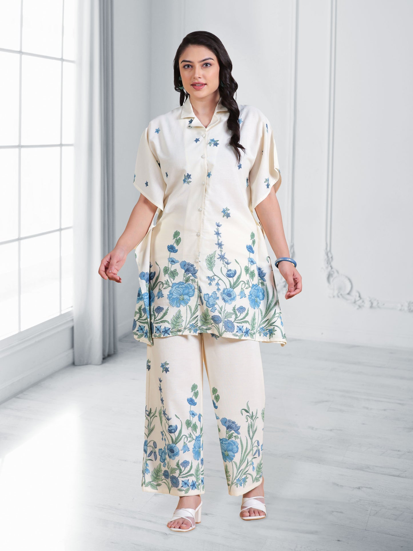 Linen Cotton Placement Print Kaftan Off White Kurta