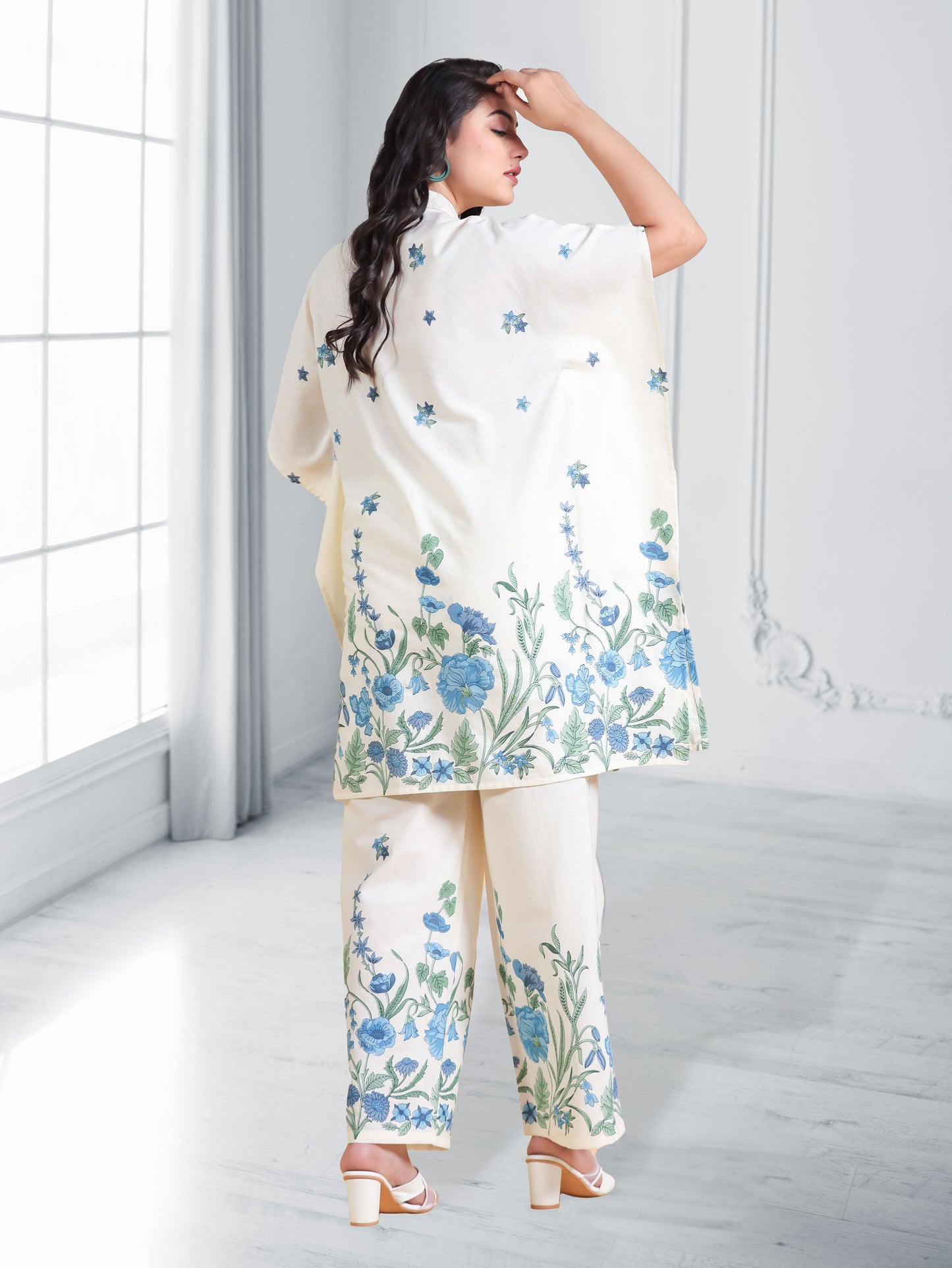 Linen Cotton Placement Print Kaftan Off White Kurta