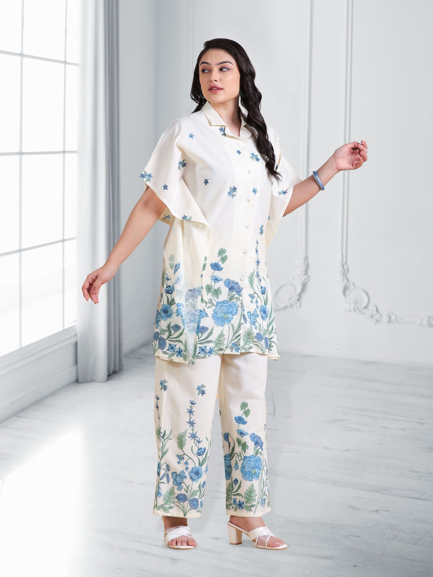Linen Cotton Placement Print Kaftan Off White Kurta