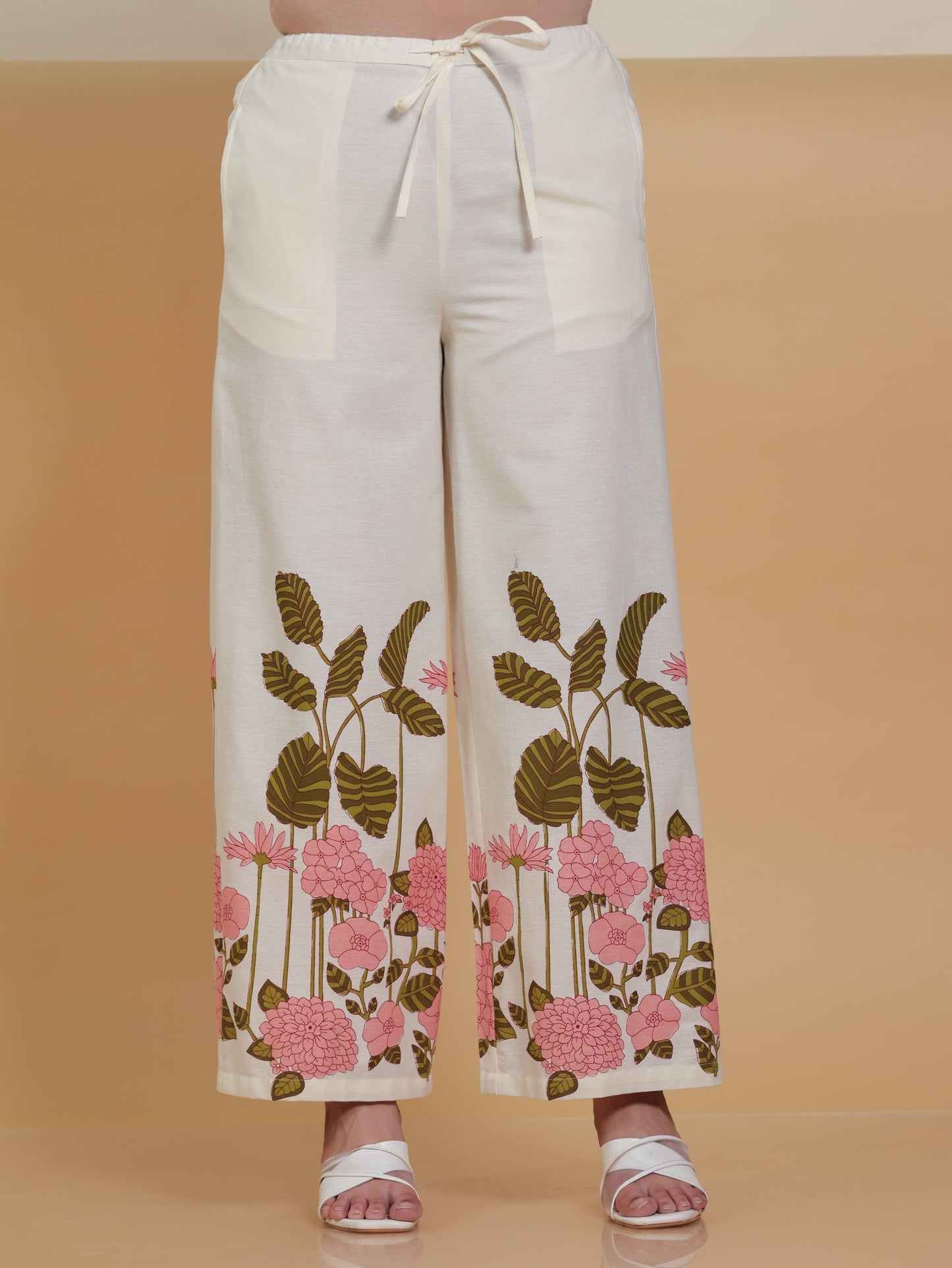 Linen Cotton Placement Print Off White Palazzo