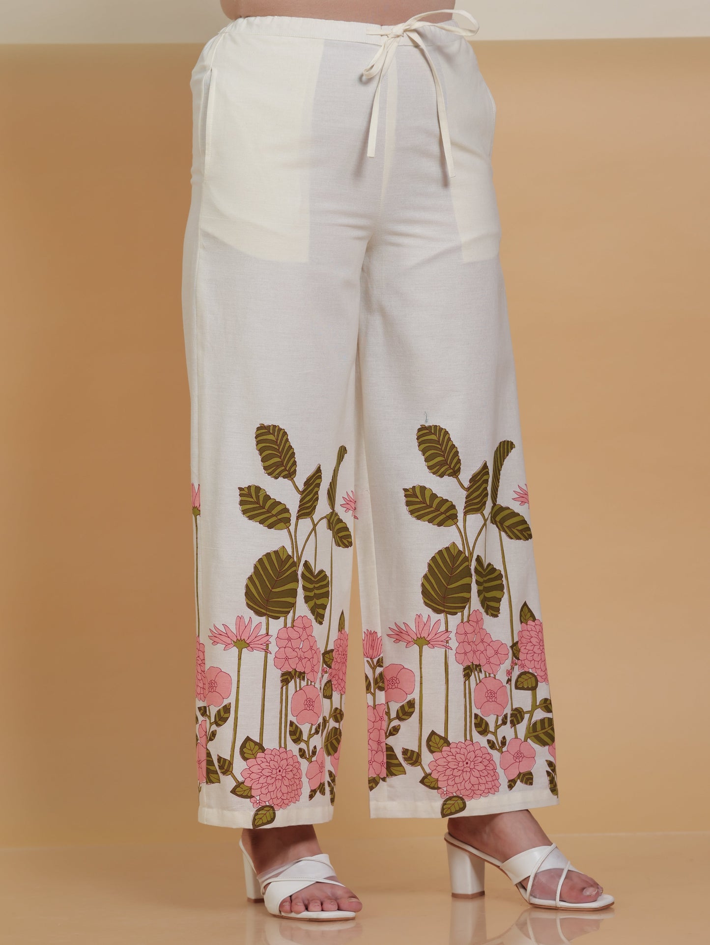 Linen Cotton Placement Print Flared Off White Kaftan