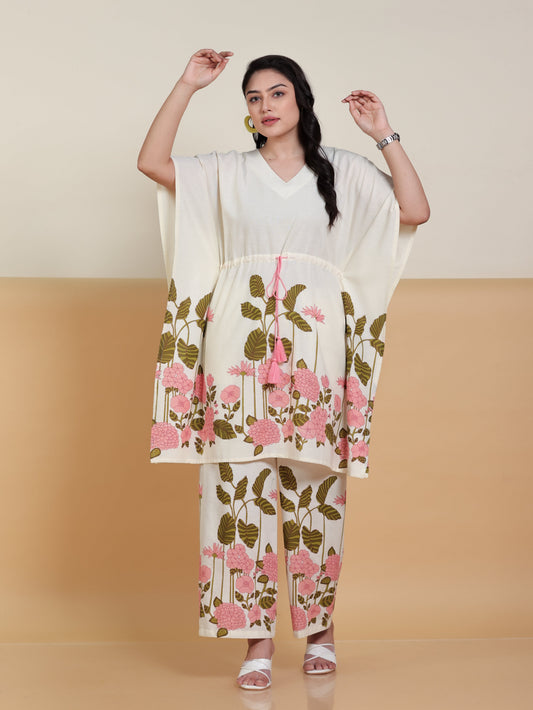 Linen Cotton Placement Print Flared Off White Kaftan