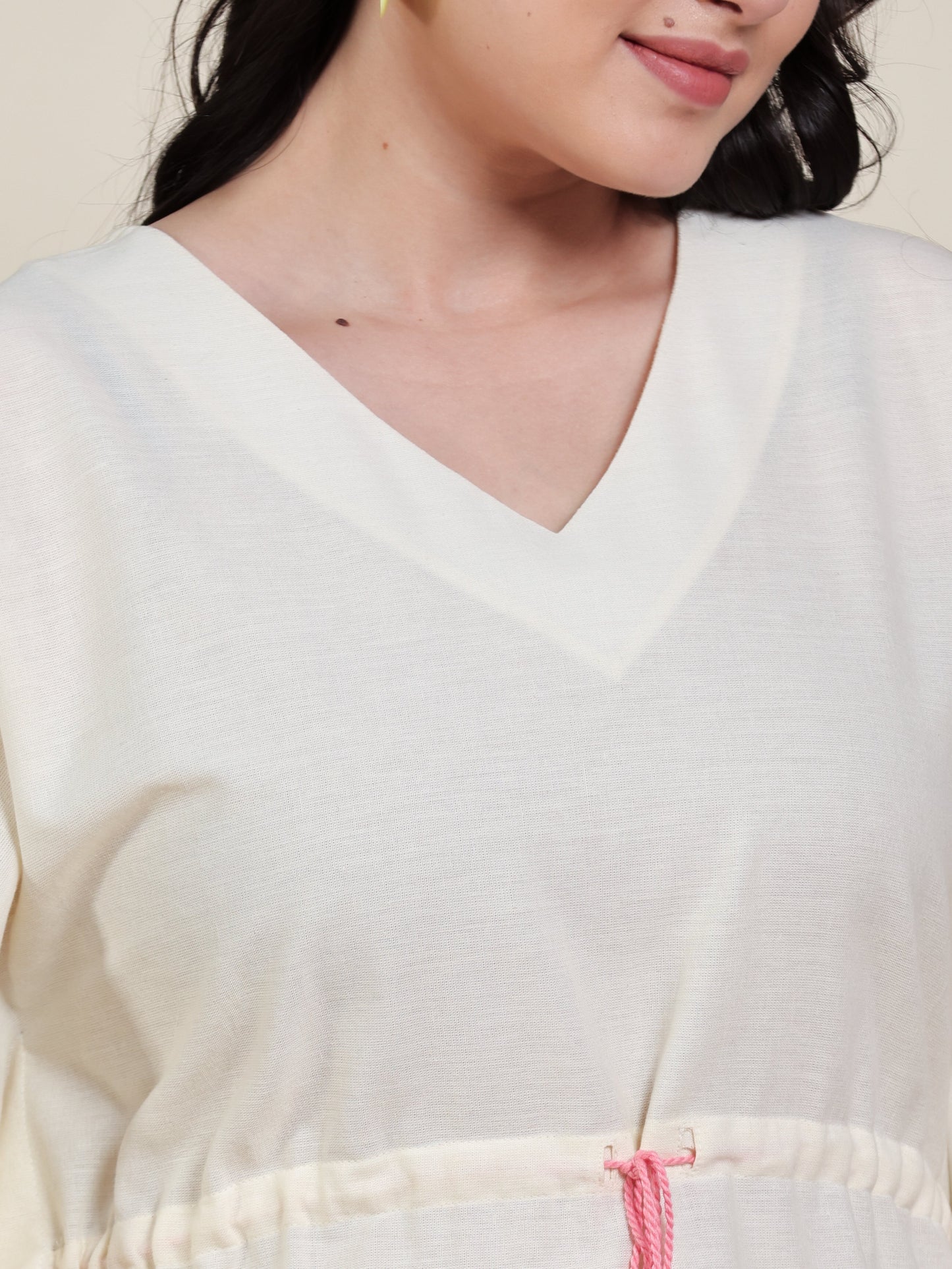 Linen Cotton Placement Print Flared Off White Kaftan