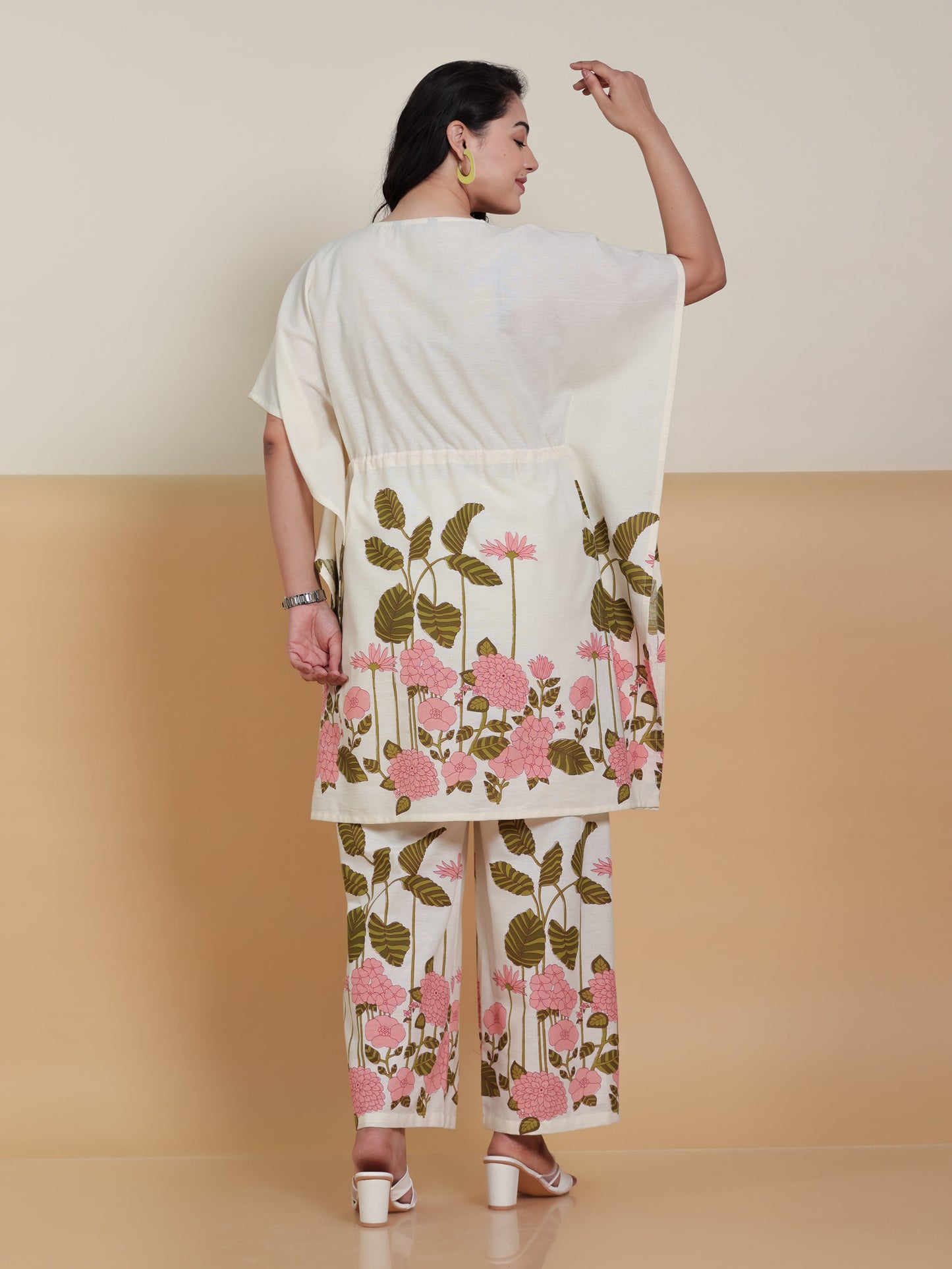 Linen Cotton Placement Print Flared Off White Kaftan