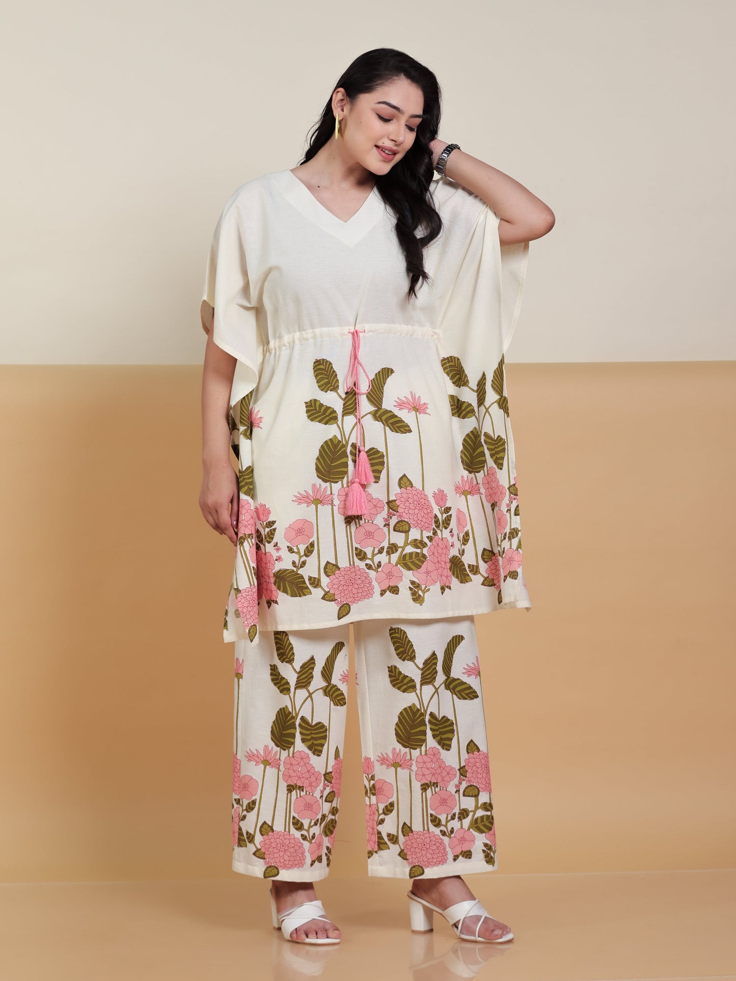 Linen Cotton Placement Print Flared Off White Kaftan