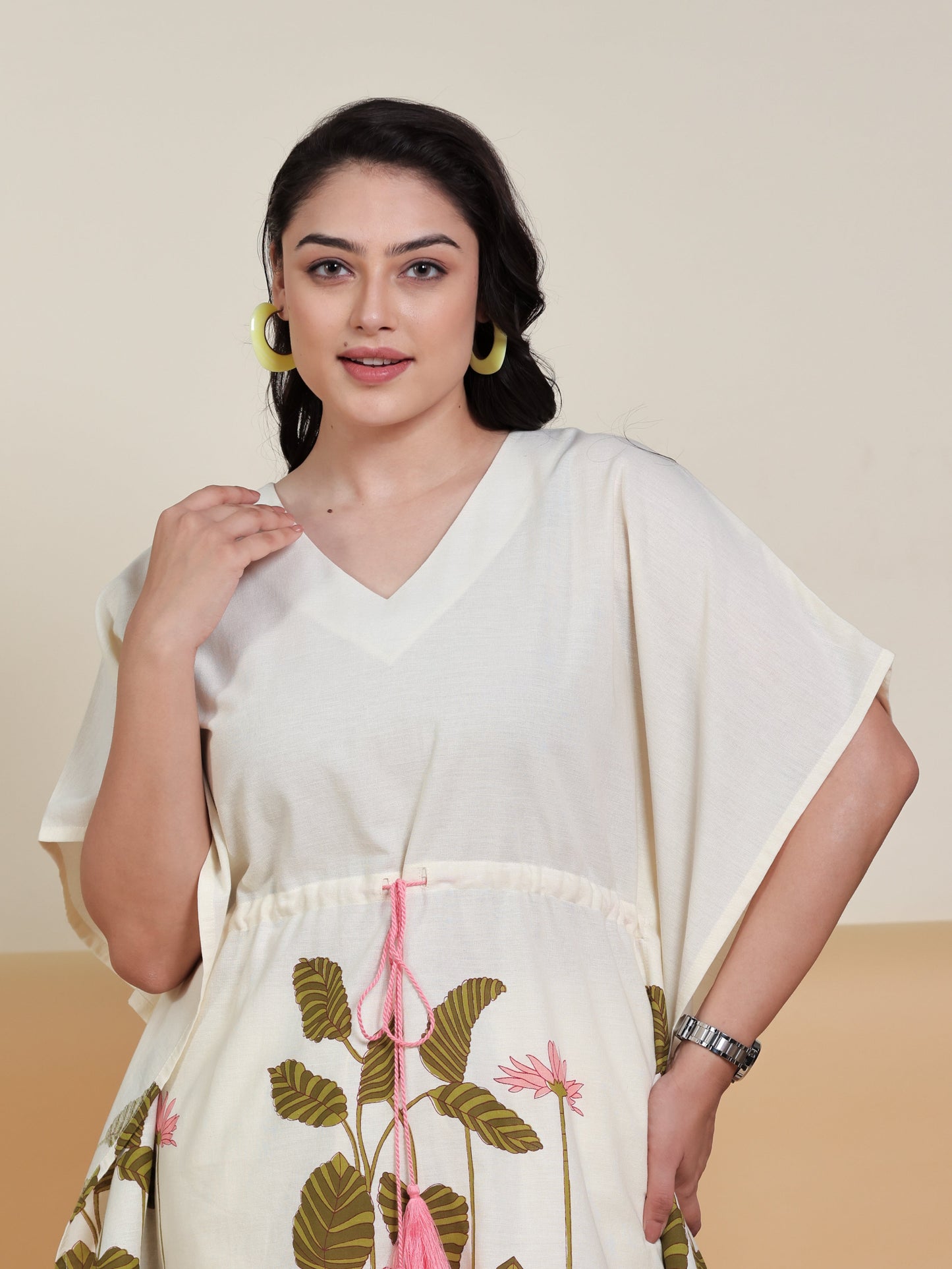 Linen Cotton Placement Print Flared Off White Kaftan