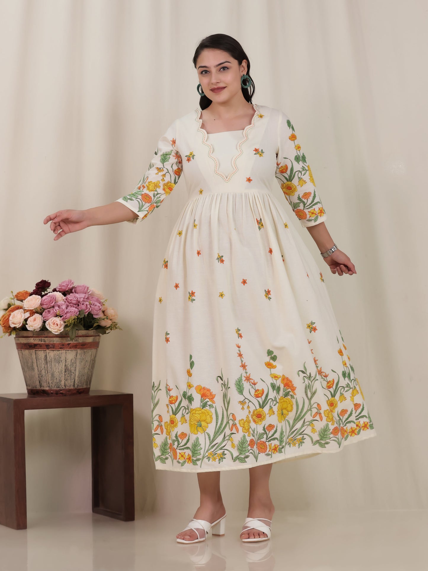 Embroidered Linen Cotton Placement Print Flared Off White Dress