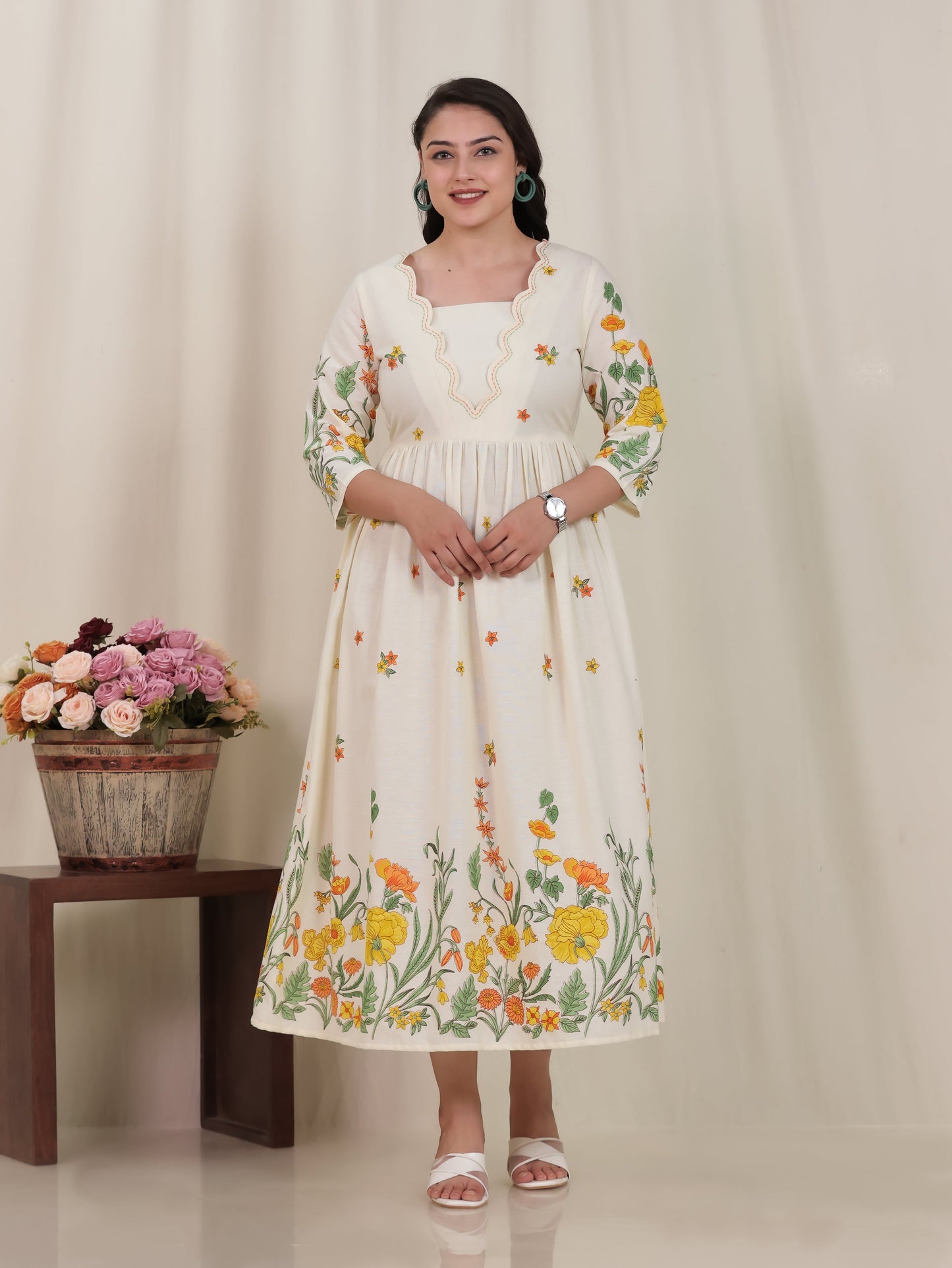 Embroidered Linen Cotton Placement Print Flared Off White Dress