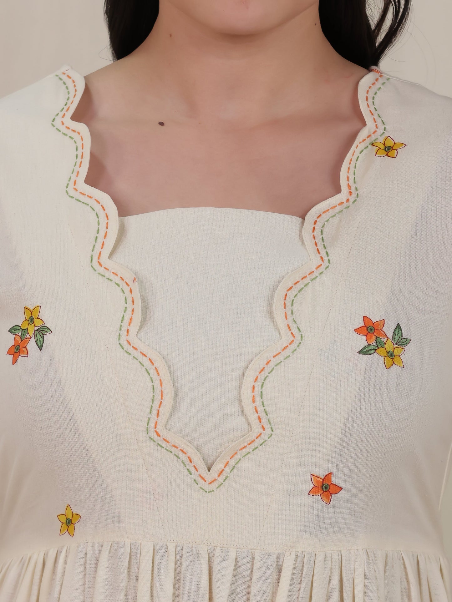 Embroidered Linen Cotton Placement Print Flared Off White Dress