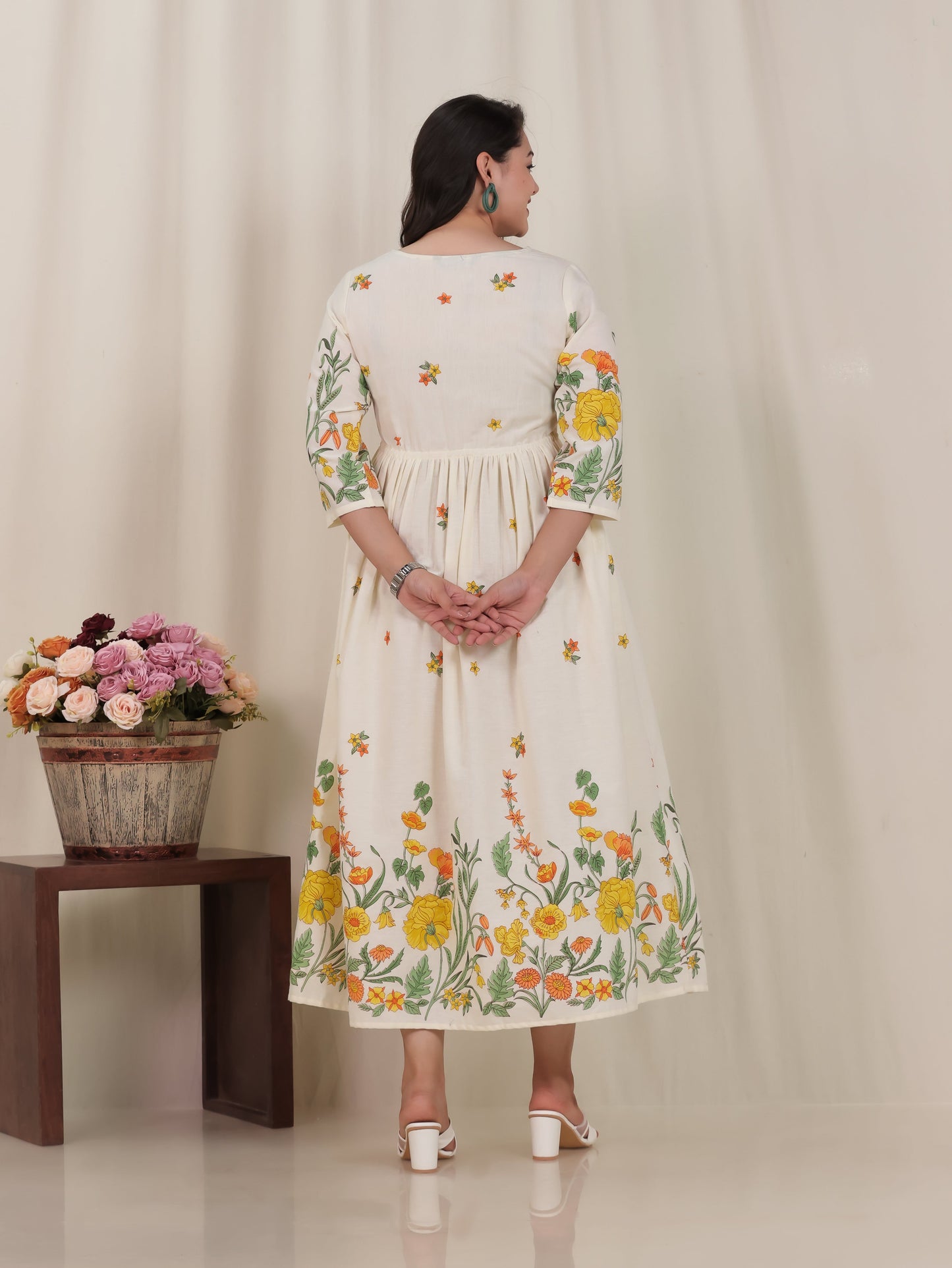 Embroidered Linen Cotton Placement Print Flared Off White Dress